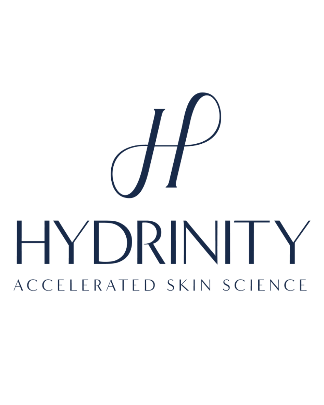 Logo for Hydrinity, a skincare brand, featuring a large stylized letter H and the tagline 'Accelerated Skin Science'.