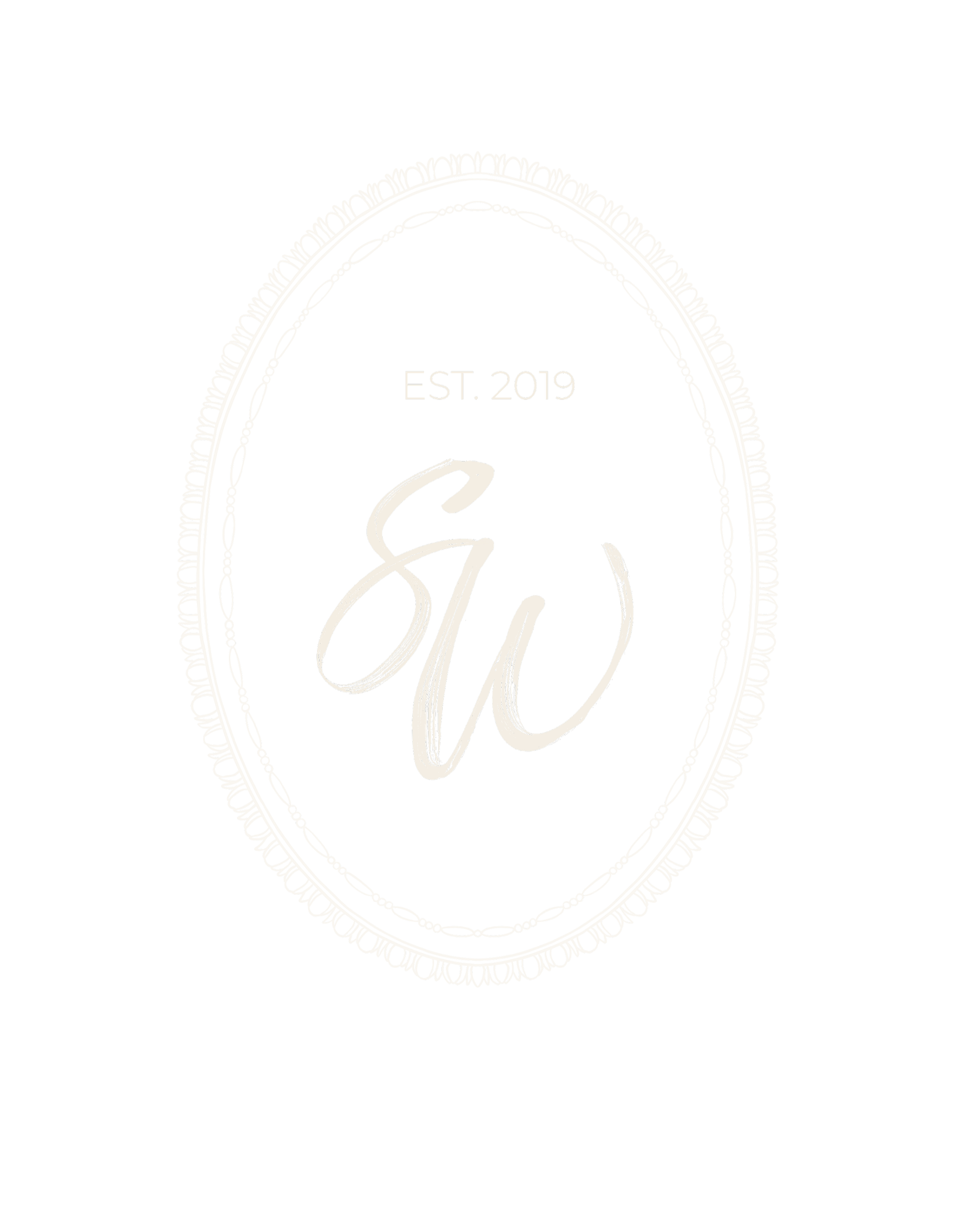 a white ornate oval frame that has a lacy, decorative border. Inside the frame, it says "EST. 2019" at the top and includes a large, stylized handwritten "SW" in the center.