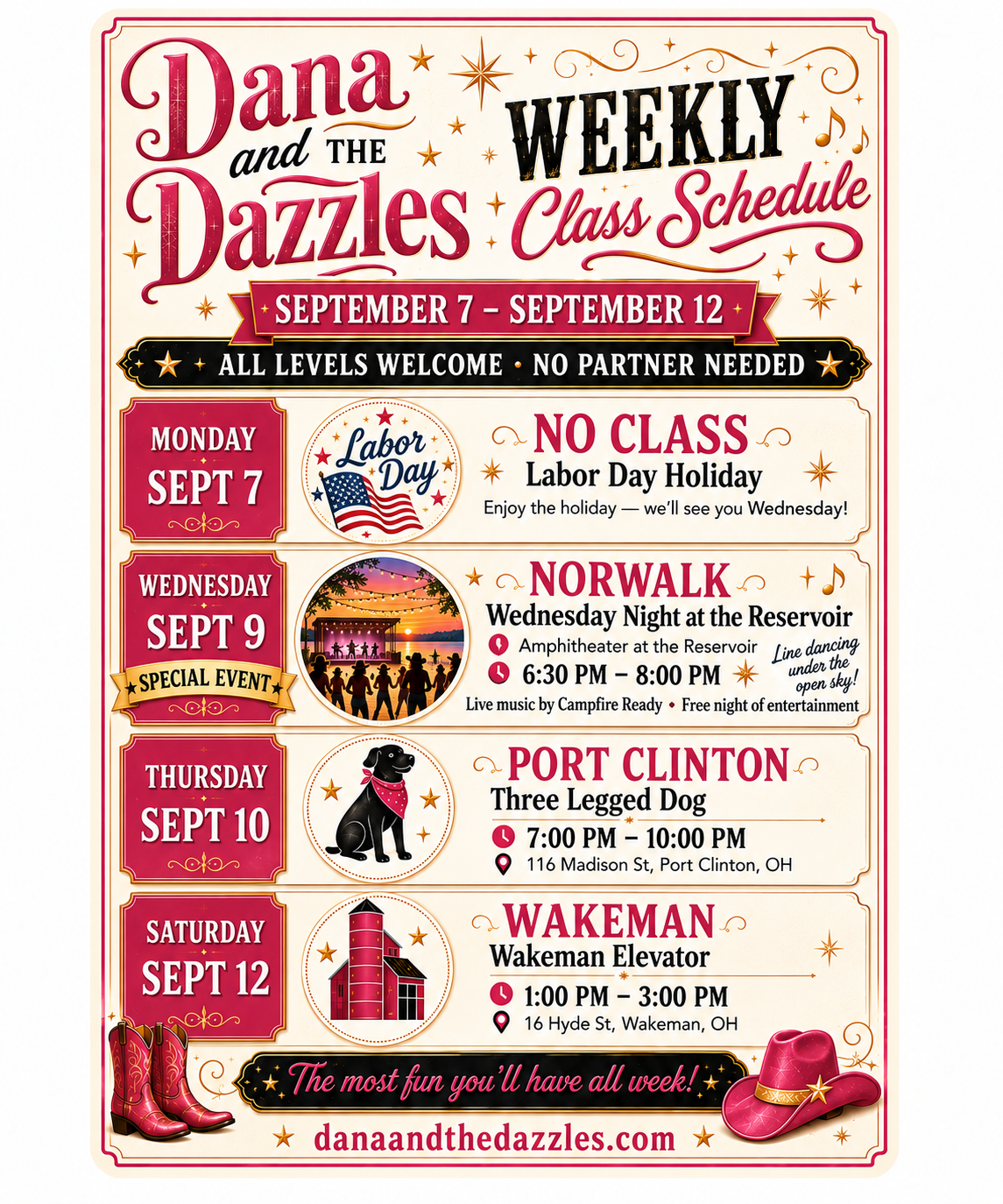 Weekly class schedule for Dana and The Dazzles from September 7 to September 12, featuring no classes on Labor Day, Norwalk night at the reservoir on September 9, Port Clinton Three Legged Dog event on September 10, and Wakeman elevator visit on September 12. The poster includes festive design elements, images of a band performing, a dog, a building, and cowboy boots and a hat.