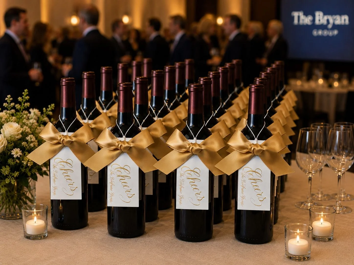 Custom wine bottle gift tags with gold ink calligraphy of the word "Cheers" and company name decorated with gold ribbon and bow placed at a business event.