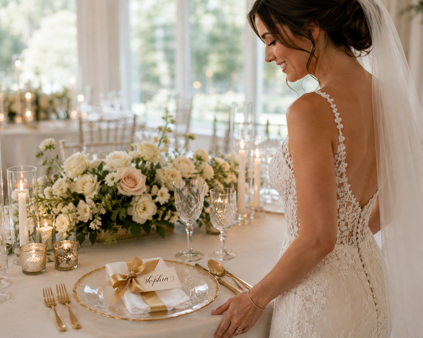 Bride in a wedding dress standing at a decorated table looking down at a gold ribbon-embellished place card with a calligraphy name and bow.