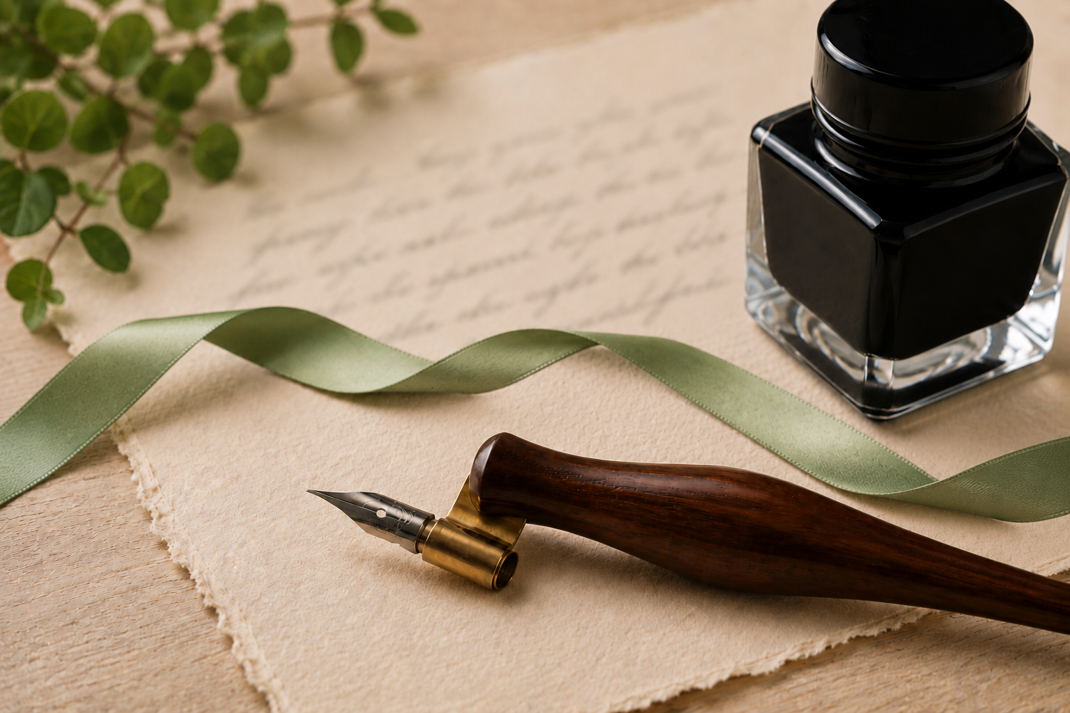 A bottle of black ink, a calligraphy pen holder with a wooden handle, a green satin ribbon, and some leafy greenery on a textured fabric surface.