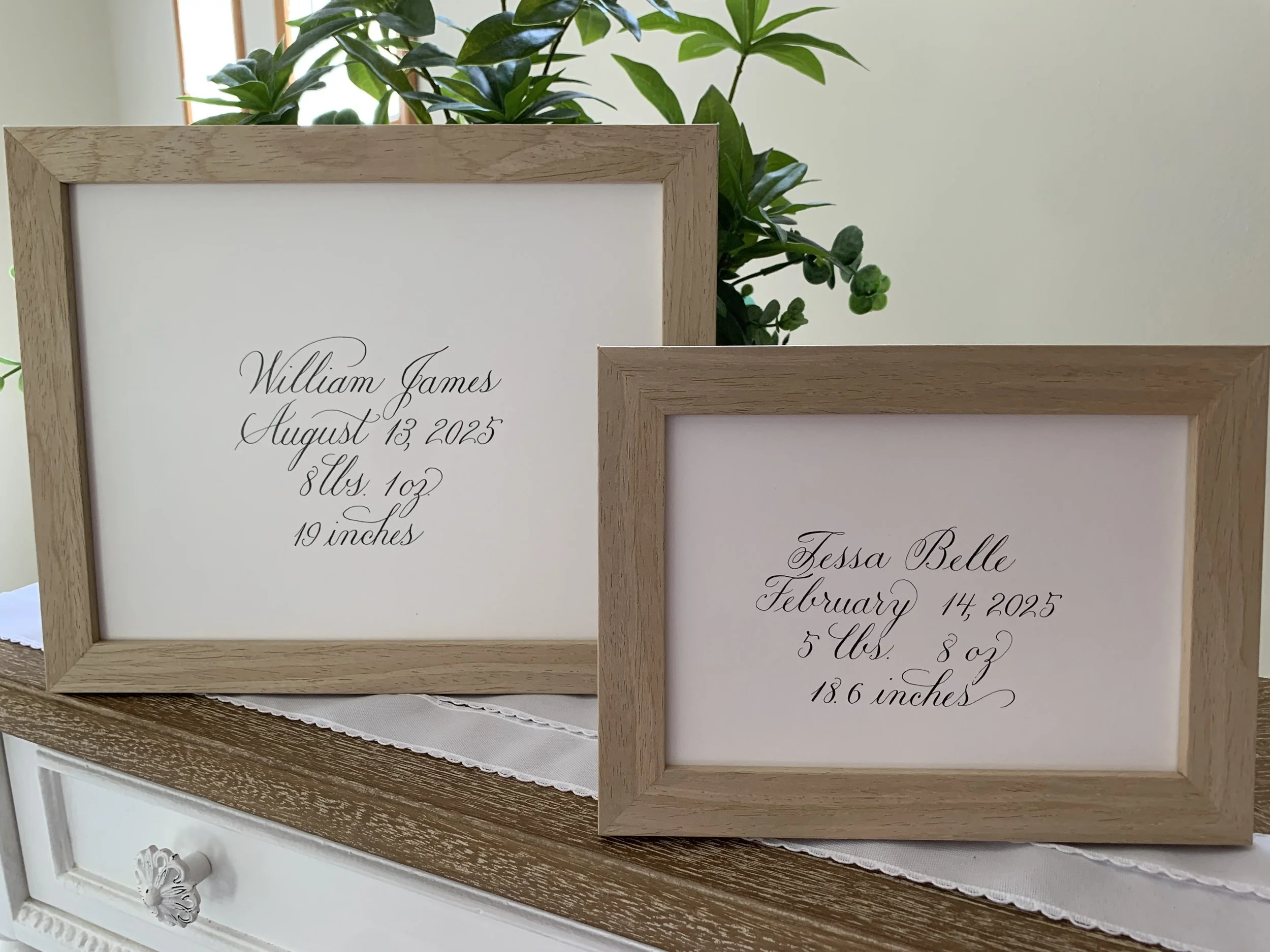 Baby name and weight sign written in calligraphy in 8x10 or 5x7 wooden frame.