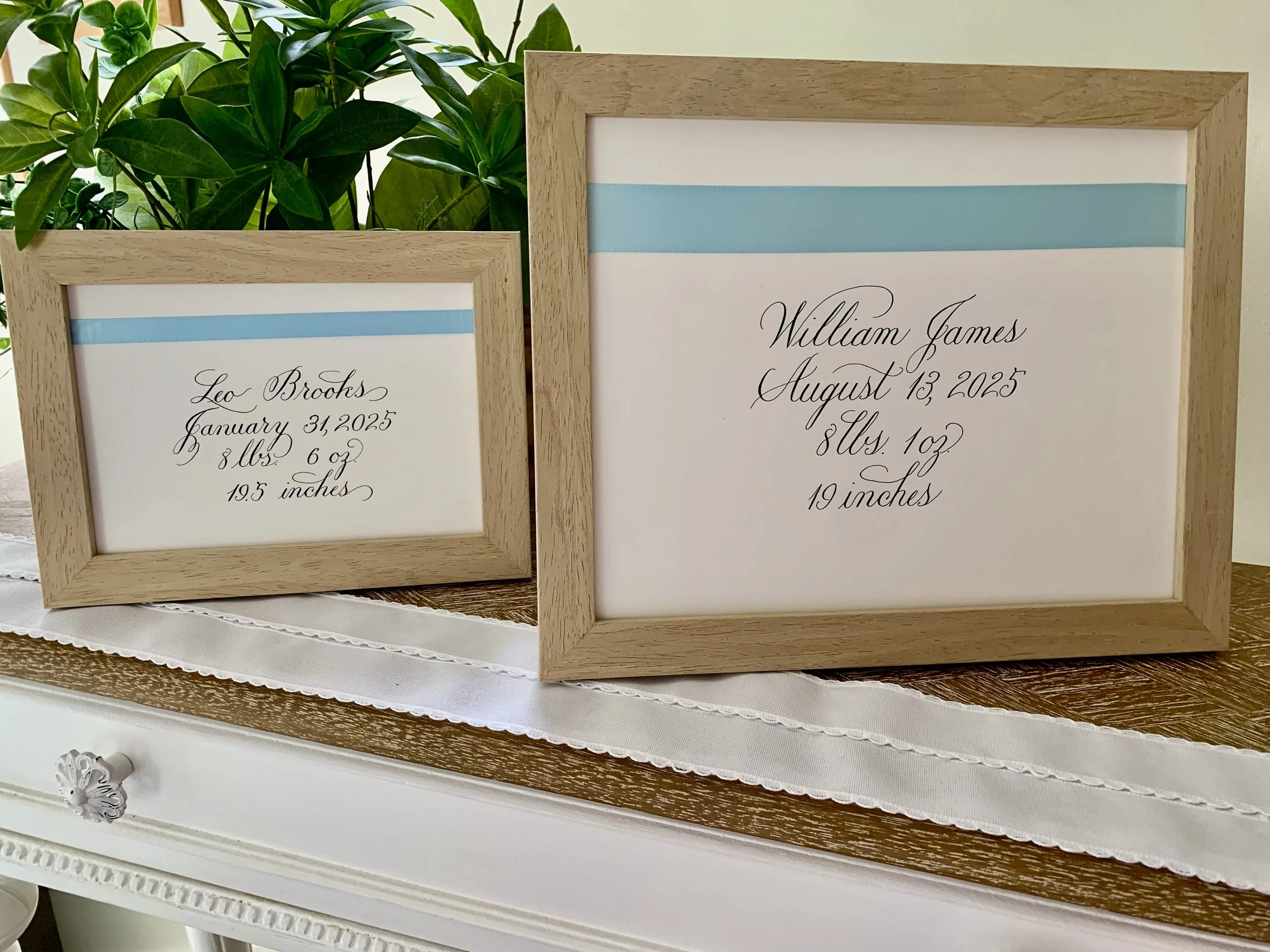 Custom calligraphy new baby sign in wooden 5x7 or 8x10 frame with blue ribbon for baby gift or nursery decor