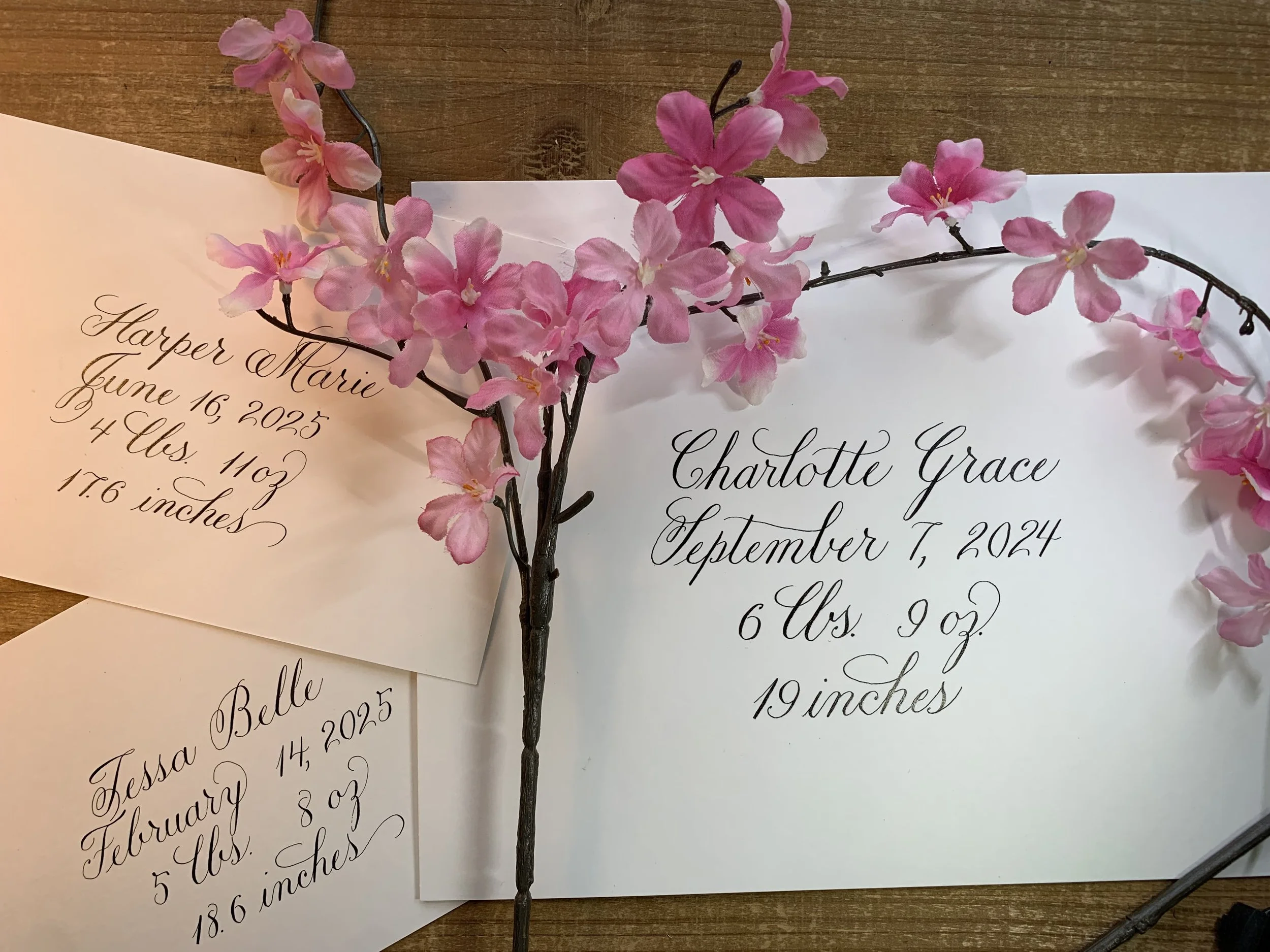 Baby gift of custom handwritten calligraphy sign in 8x10 or 5x7 with baby birth date, weight and length