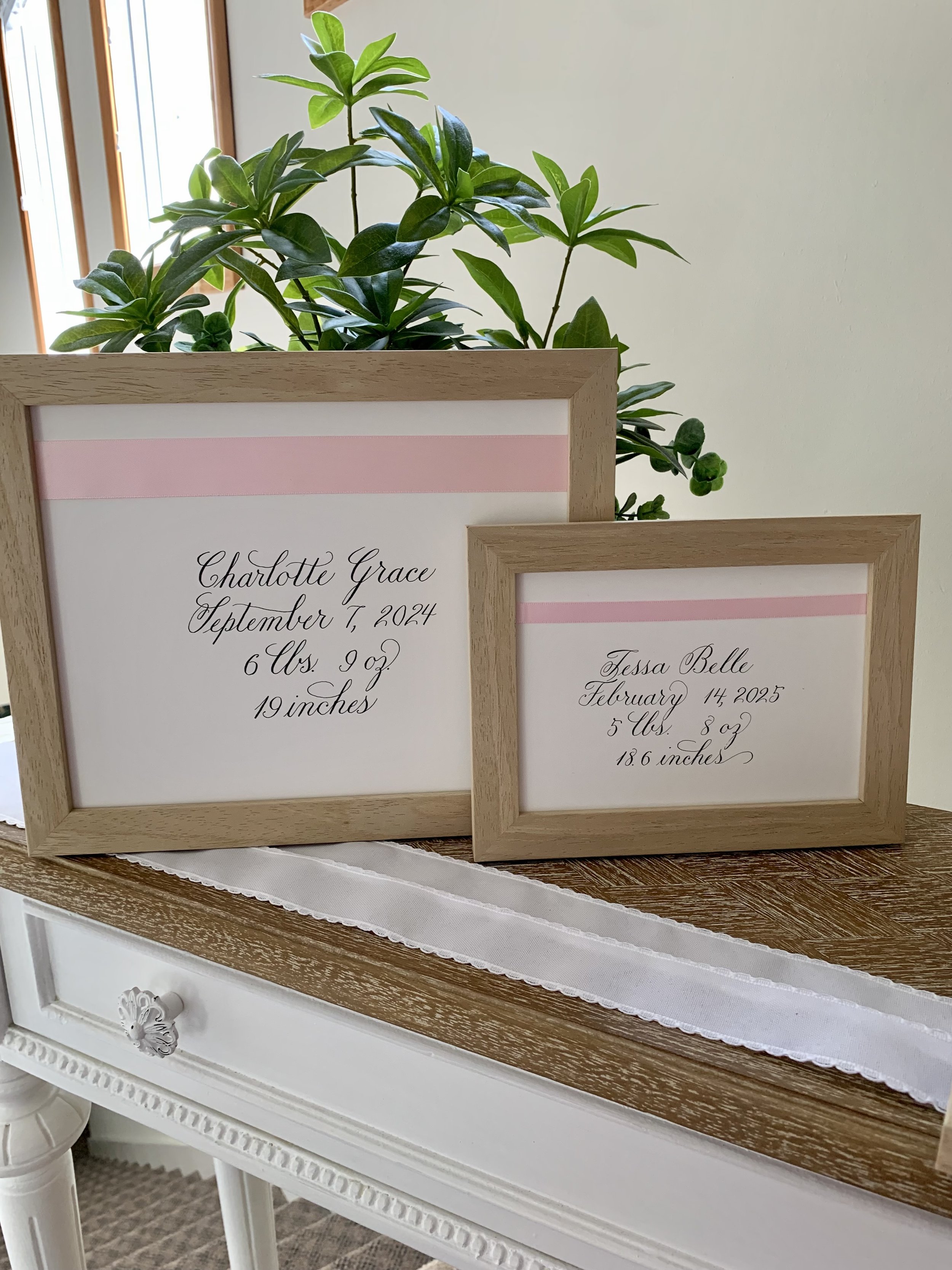 Custom calligraphy new baby sign in wooden 5x7 or 8x10 frame with pink ribbon for baby gift or nursery decor