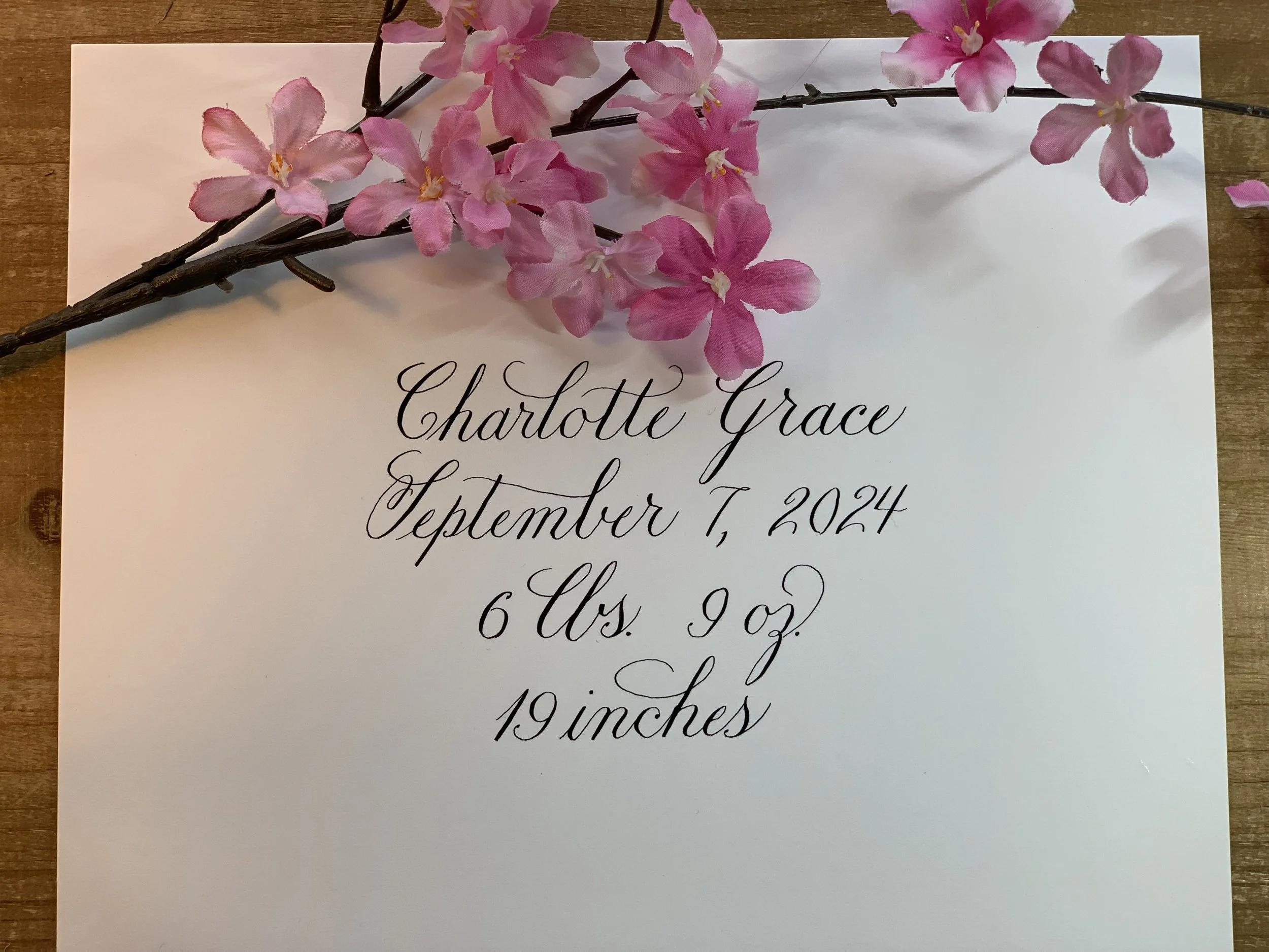 calligraphy baby gift sign personalized with baby name, date of birth, birth weight