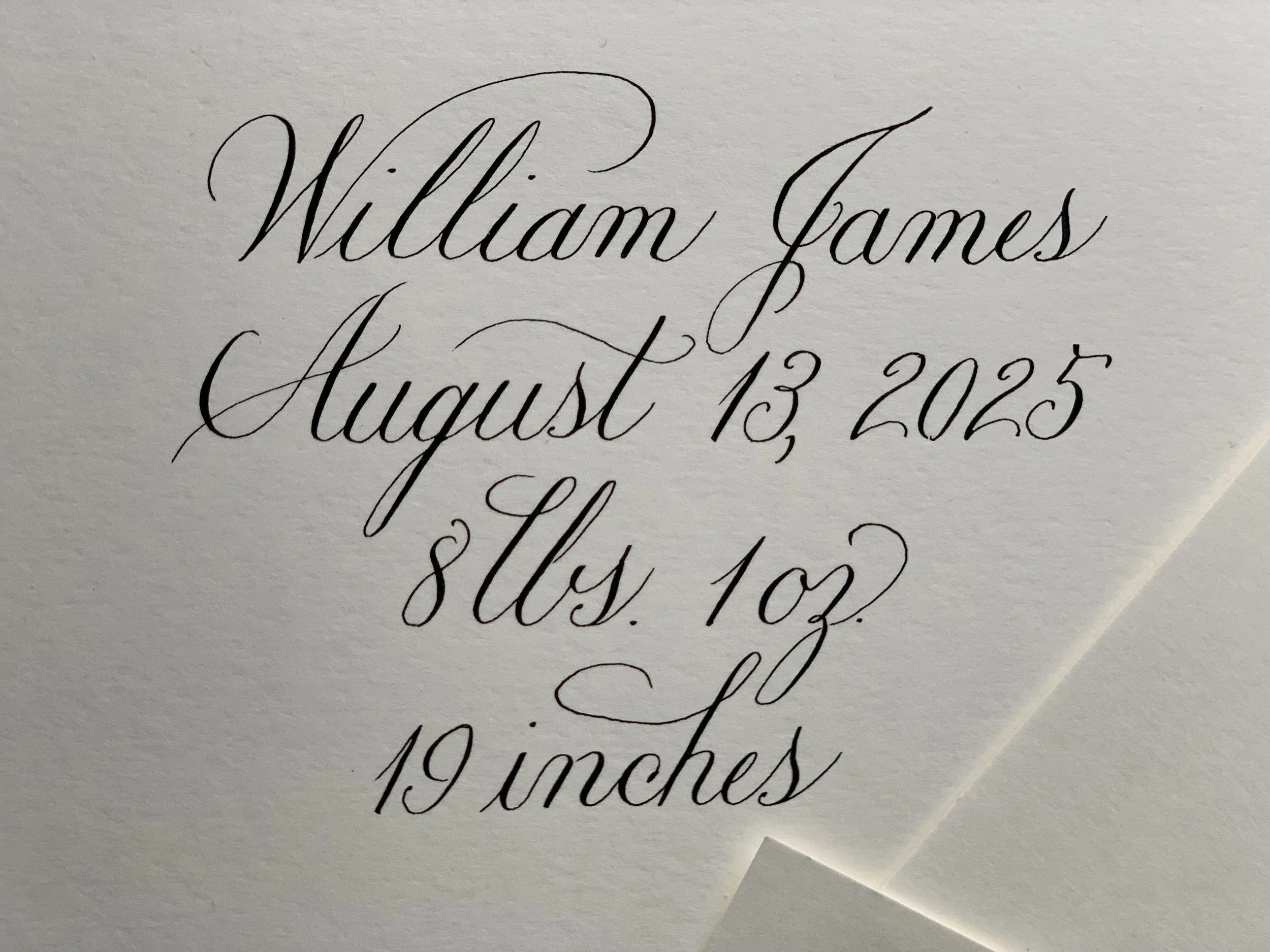 Baby gift of custom handwritten calligraphy sign with baby birth date, weight and length