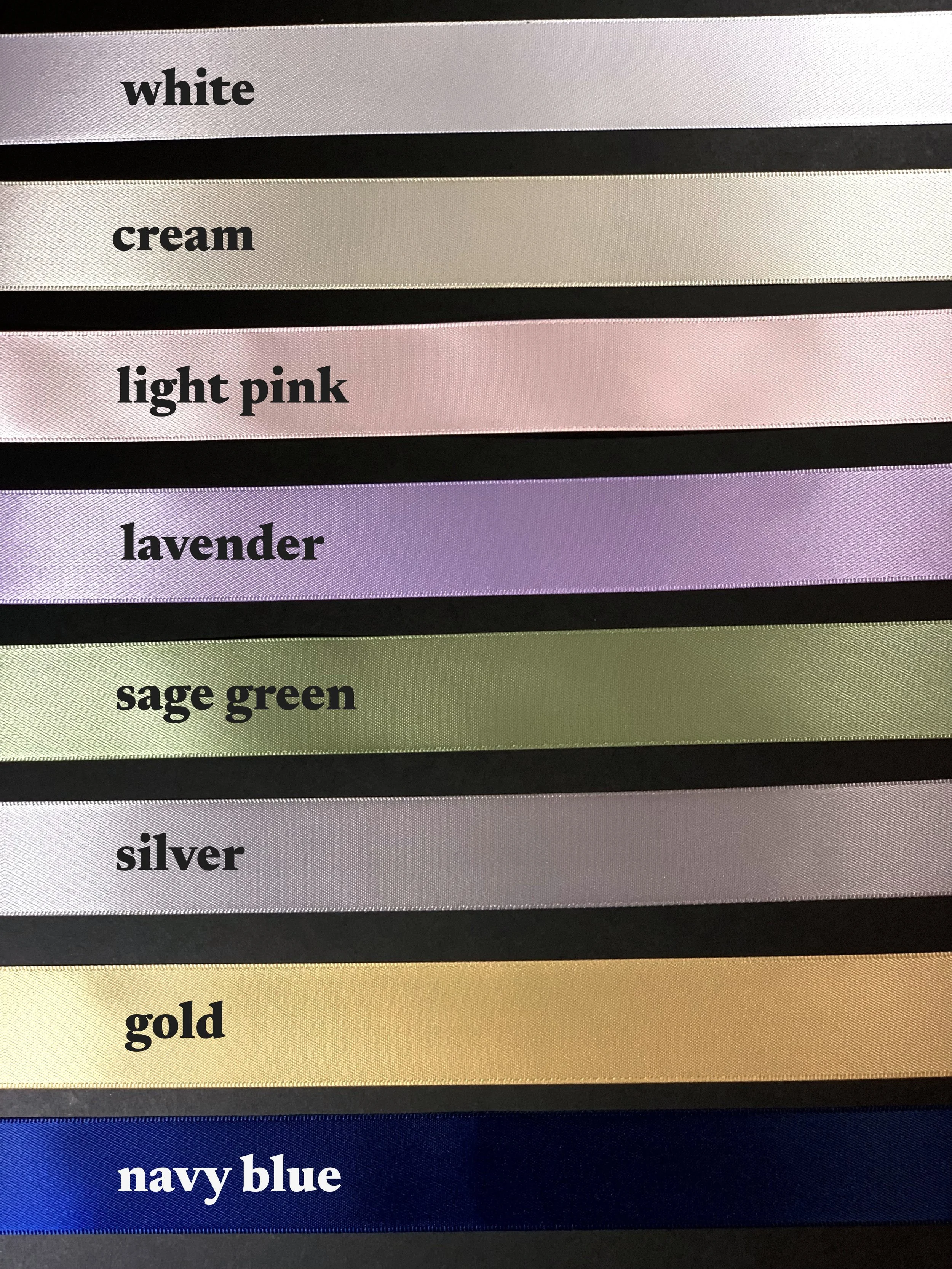 Satin ribbon color choices for handwritten calligraphy place cards for wedding, party, or special event