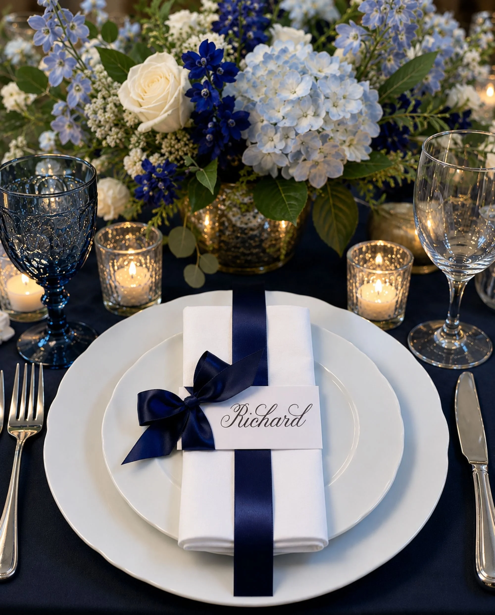 Navy blue ribbon embellished calligraphy place card at wedding table