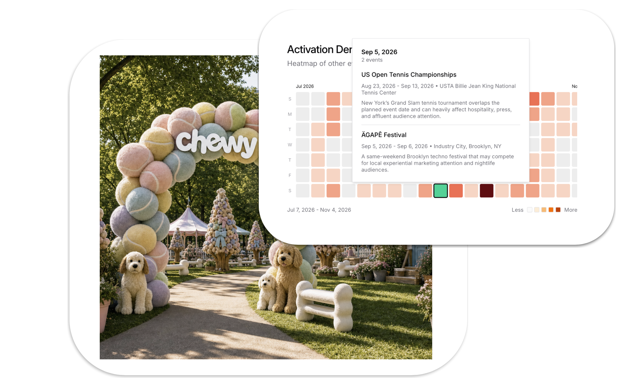 Colorful pastel-colored plush balls arranged in a large cluster with the word 'chewy' in white text on them, set outdoors under green trees with a park scene including dogs and trees in the background.