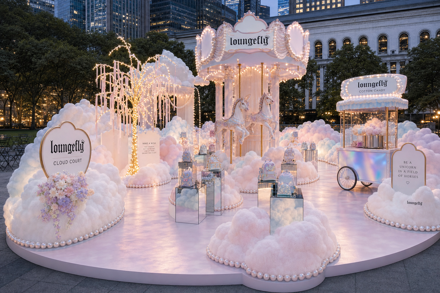 Decorative display called 'Loungetly' with a whimsical cloud and unicorn theme, featuring a carousel with two white horses, pastel clouds, fairy lights, mirrored display cases with small gift bags, and signs with inspirational messages. The scene is 