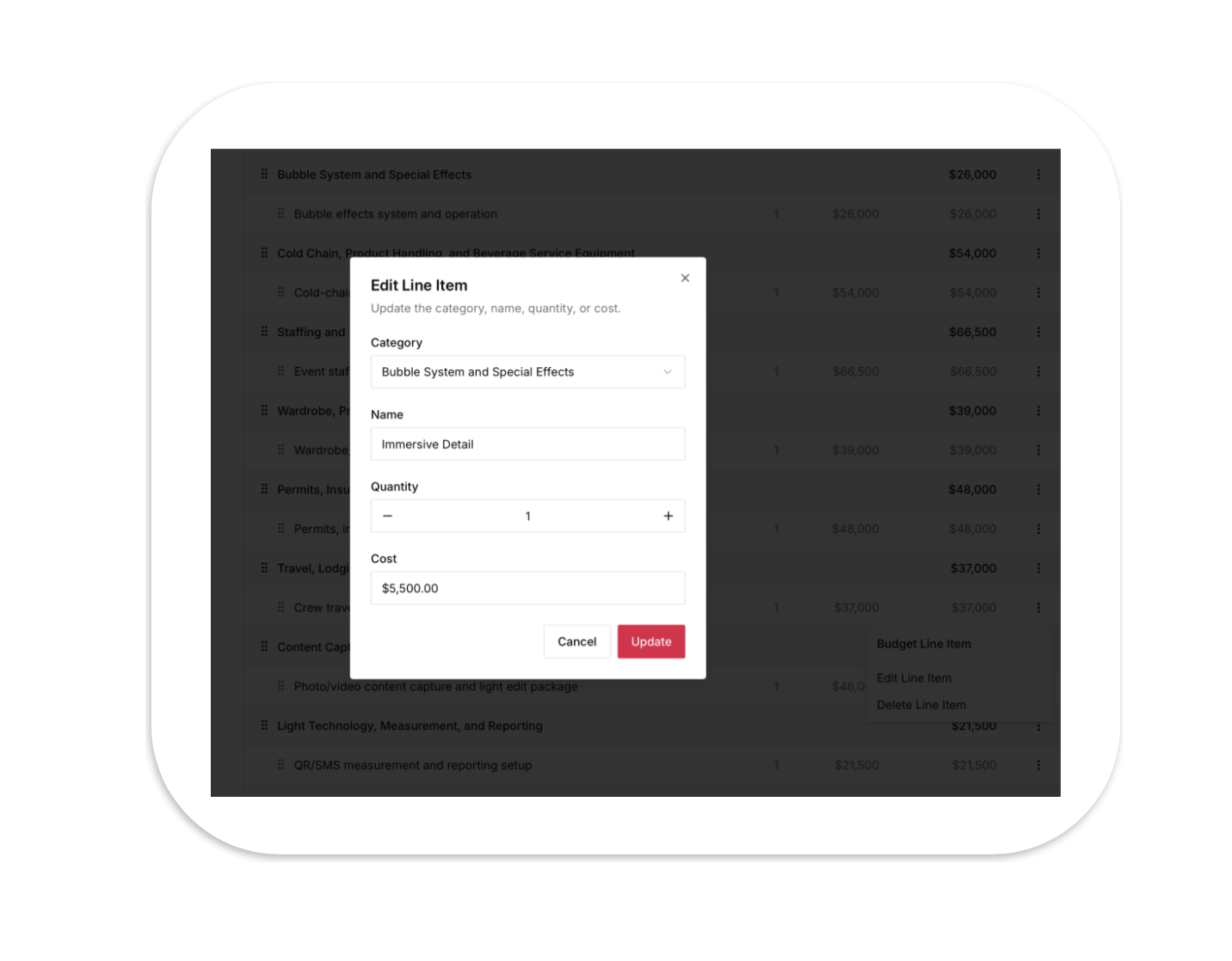 A digital interface displaying a pop-up window titled 'Edit Line Item' for updating category, name, quantity, and cost of an item named 'Immersive Detail', overlaying a blurred background of a financial or project management spreadsheet.