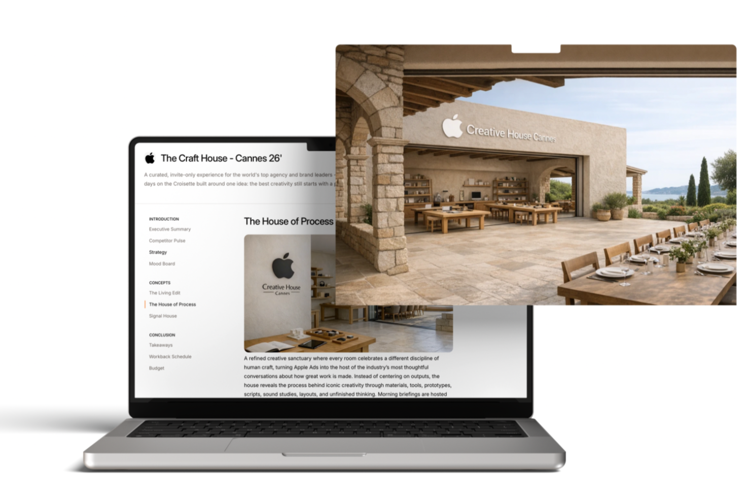 A laptop showing a presentation titled 'The Craft House - Cannes 26' and a photo of an outdoor terrace at Apple Creative House Cannes, with wooden tables, chairs, and a landscape view.