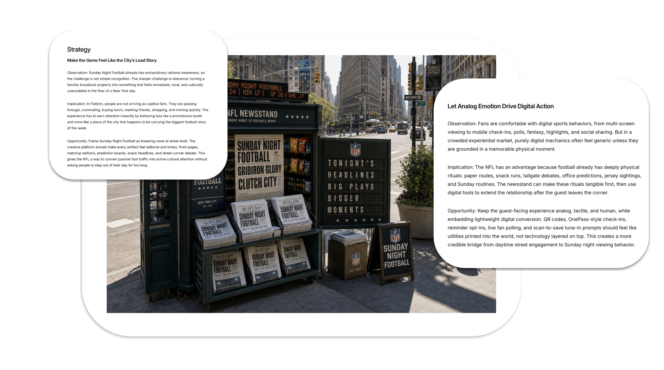New York City street corner with newspaper stand advertising NFL Sunday night football, surrounded by tall buildings and busy traffic.