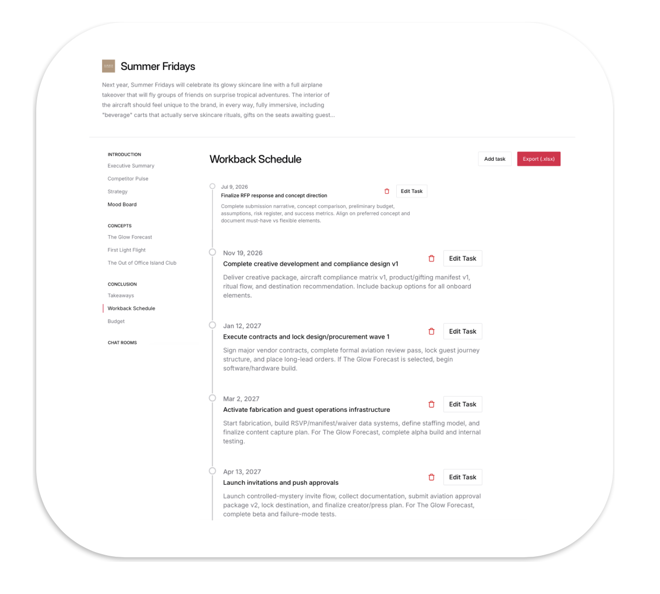 Screenshot of a project management tool displaying a workflow schedule for a summer event, including tasks, dates, and options to add, edit, or export tasks.
