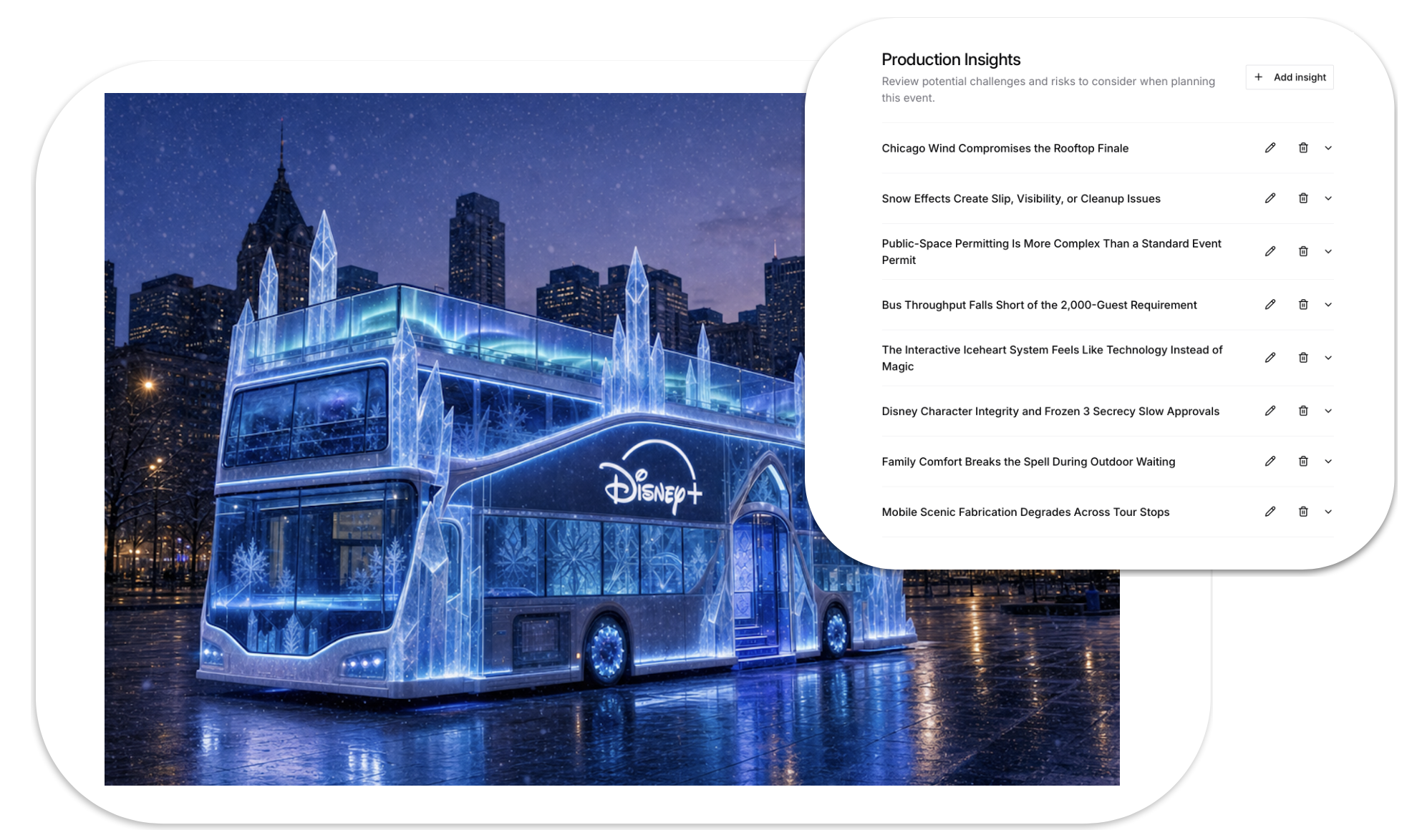A Christmas-themed, ice-like double-decker bus with a Disney logo, illuminated with blue lights and snowflake patterns, set against a city skyline at night with snow falling.