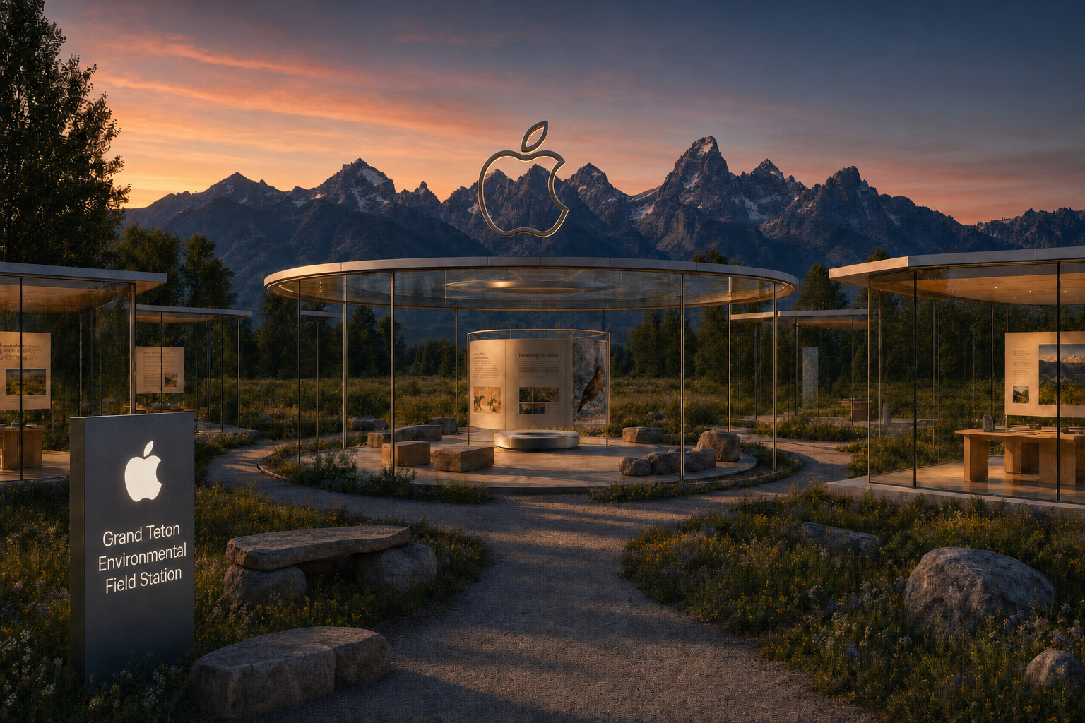 Apple Grand Teton Environmental Field Station with glass displays, a sign, and the Teton Mountains in the background during sunset.