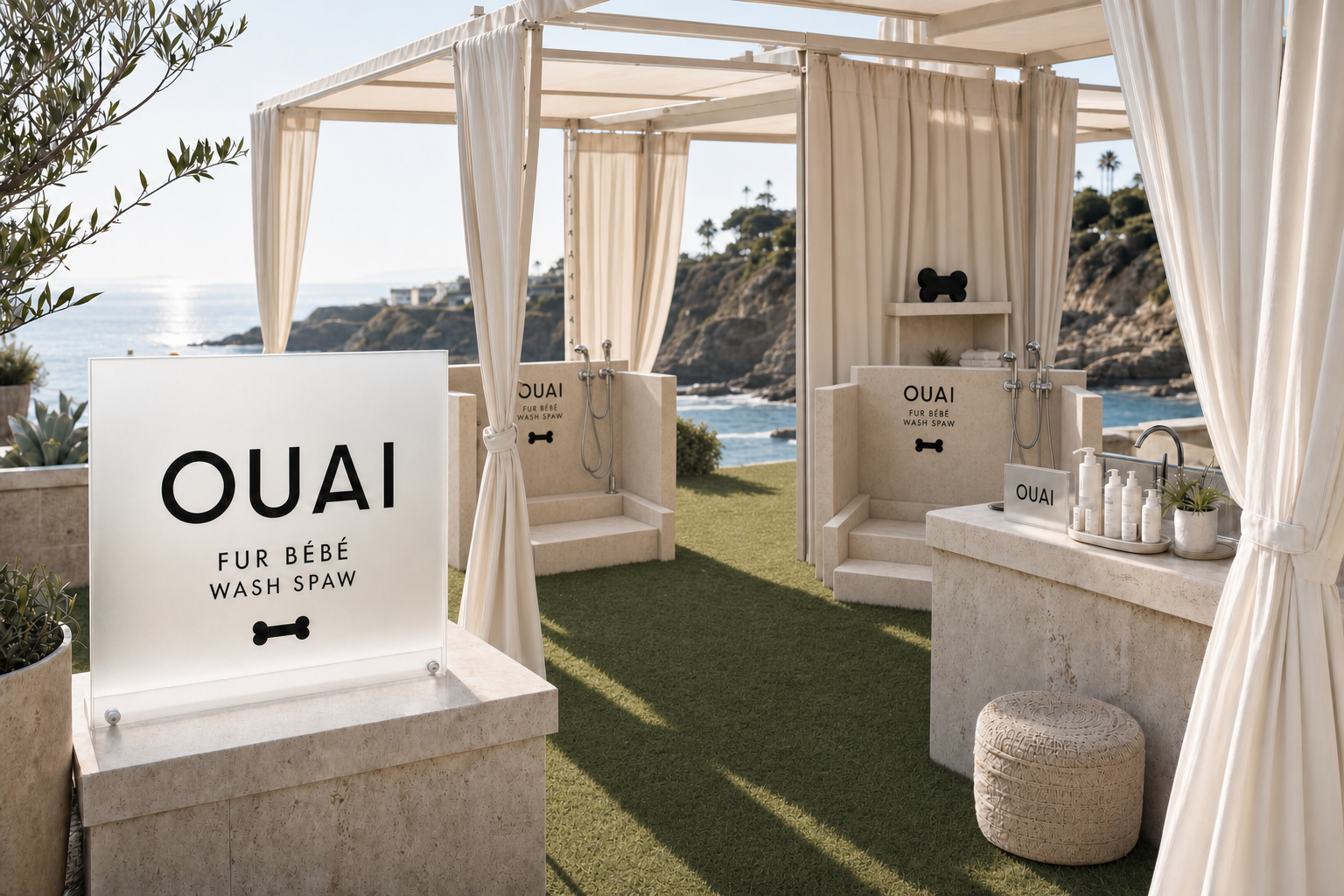 Outdoor dog wash station with three washing areas, sign reading 'OUAI Fur Bebe Wash Spaw', bottles of shampoo, towels, a small black dumbbell, and a woven stool, overlooking the ocean and cliffs.