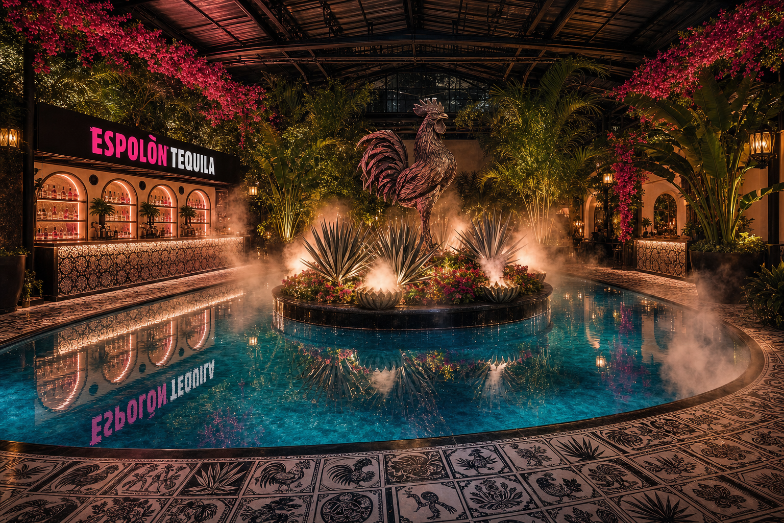 Indoor bar area with a central fountain, surrounded by lush tropical plants and flowers. A large rooster sculpture sits at the center of the fountain, with steam rising from the water. The bar has a neon sign that reads 'ESPOLÖN TEQUILA' and illuminated shelves with bottles, all reflected in the pool water.