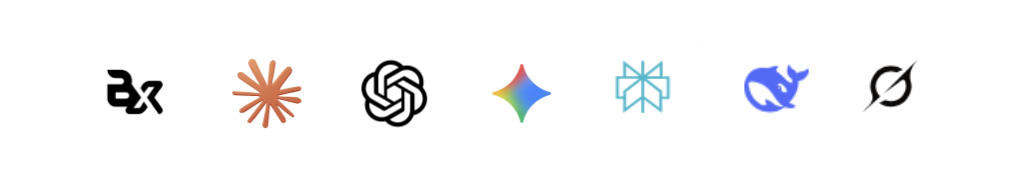 A series of eight different colorful logos in a row.