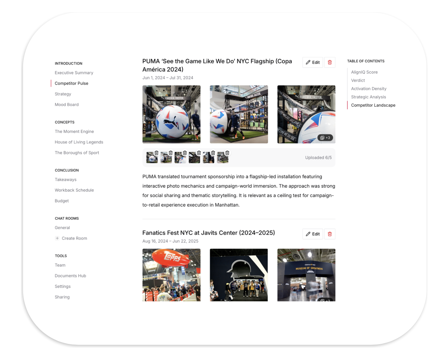 Screenshots of a digital presentation or report highlighting sponsor installations and events at a sports or entertainment expo, featuring large branded exhibits, interactive displays, and crowd scenes.