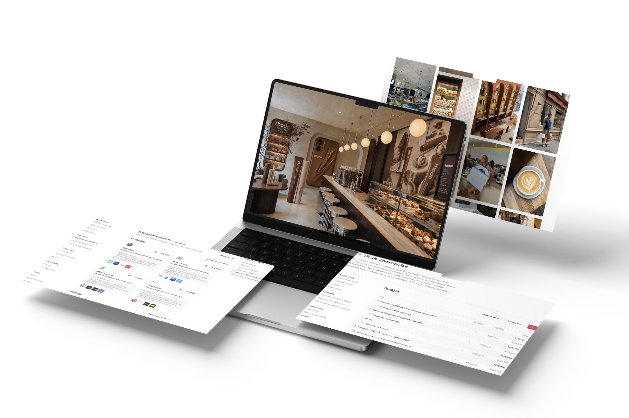 A laptop with a presentation or report on it, showing images of a cafe or bakery, and pages with text and tables on a white background.