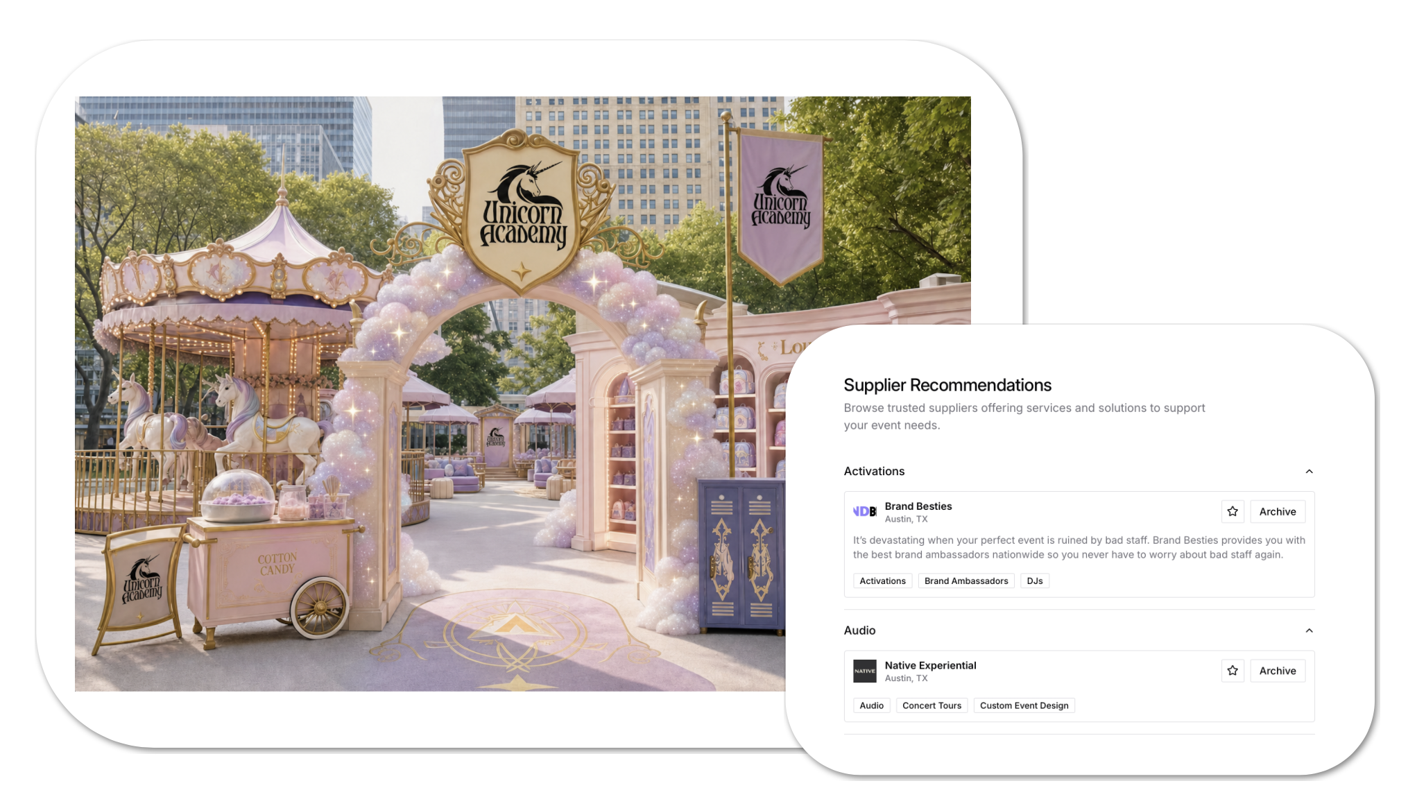 A whimsical, pastel-colored unicorn-themed carnival ride named Unicorn Academy, featuring a carousel with white unicorns, pink accents, lanterns, and clouds, set in an outdoor urban area with trees and tall buildings in the background.