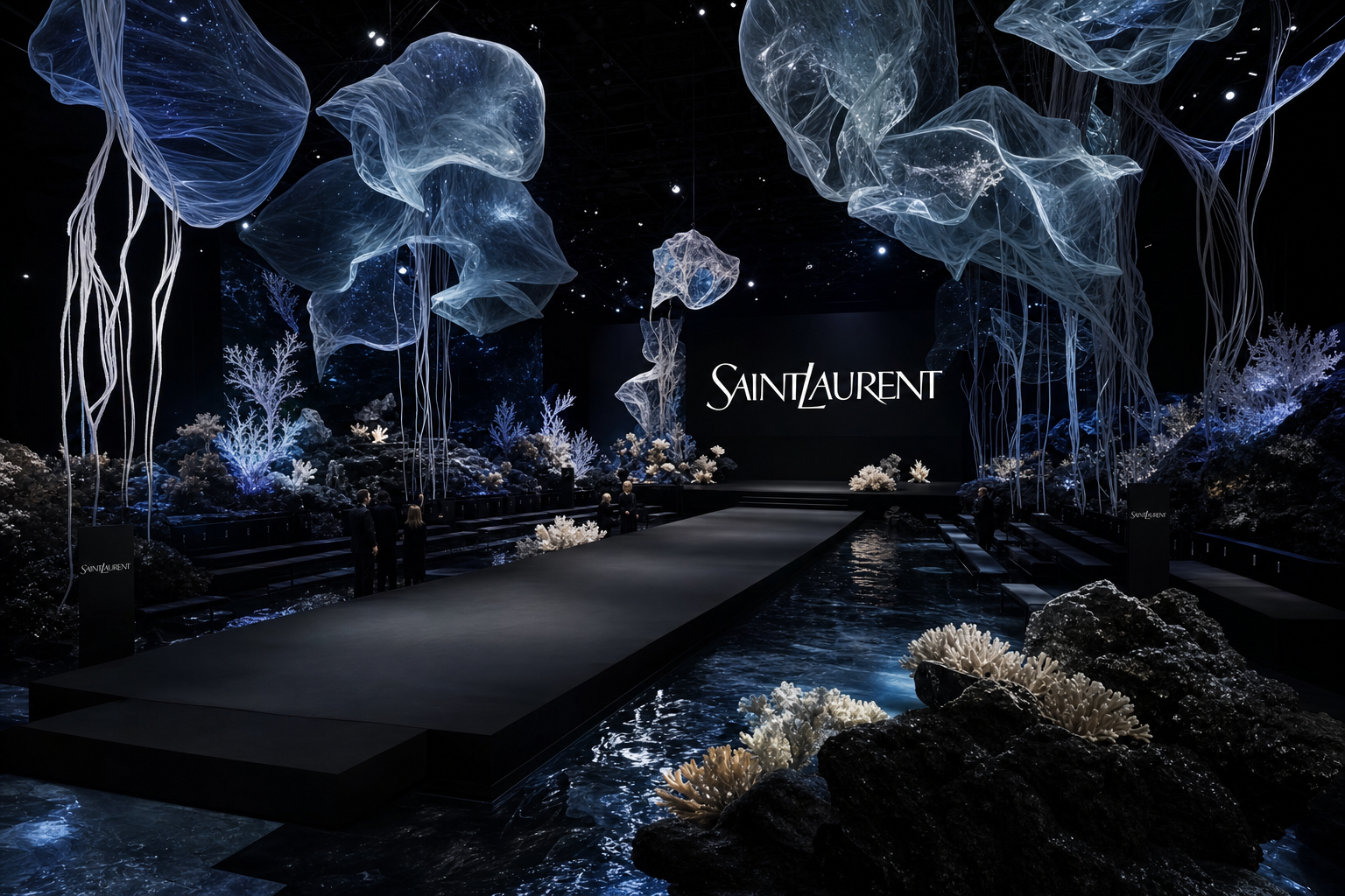 Luxury fashion runway show stage featuring dark oceanic and coral-themed decor with the Saint Laurent logo in the background.