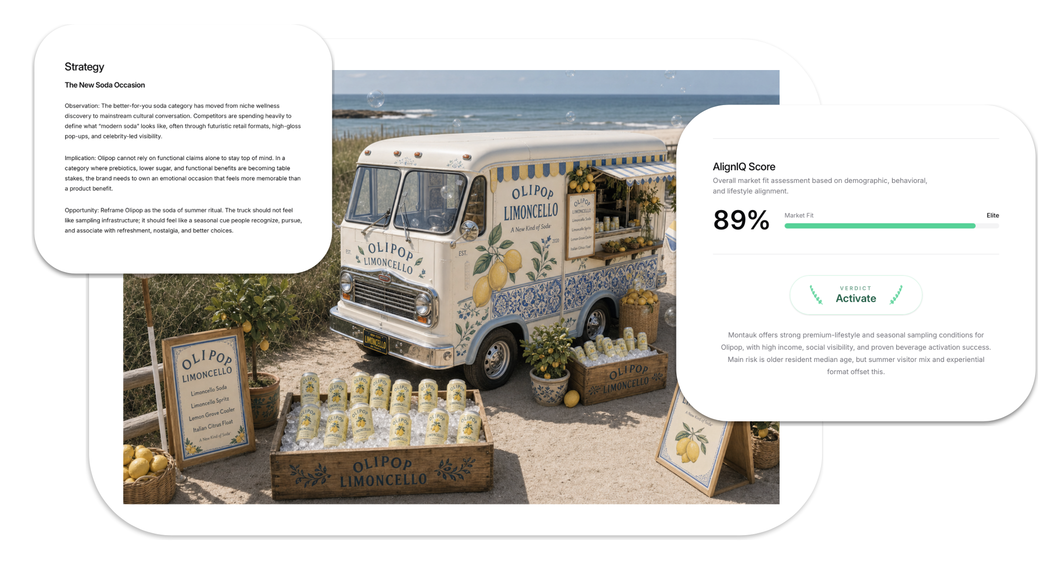 A vintage food truck on the beach decorated for a lemonade stand with lemons, potted plants, and signs promoting Olipop Lemoncello soda and flavors, with the ocean in the background.
