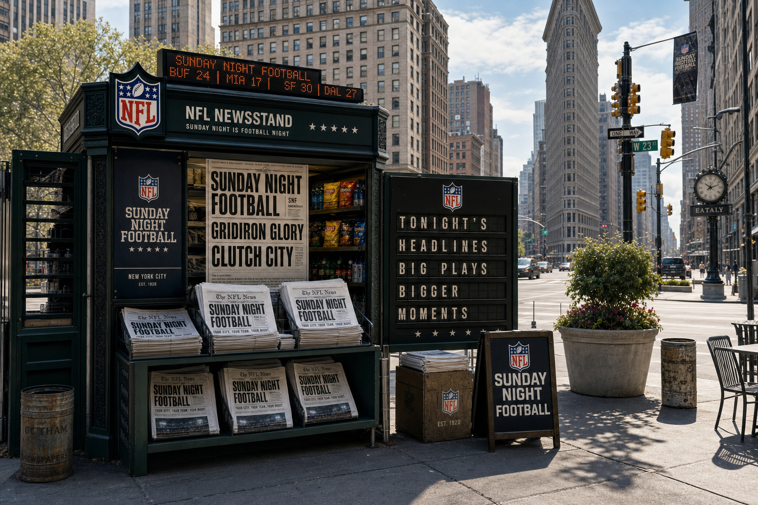 New York City street corner featuring an NFL newsstand with newspapers and signs promoting Sunday Night Football, along with a large potted plant, a clock, and traffic lights on a busy city street.