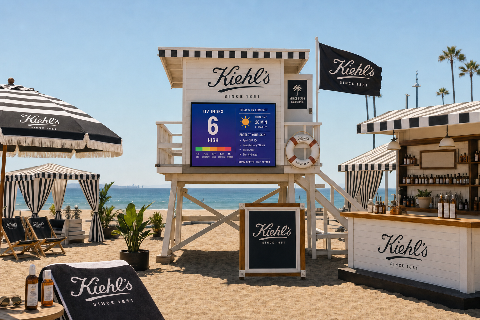 A beach scene with Kiehl's branding, including a lifeguard tower with a UV index display, a shaded cabana, chairs, and a snack bar, with palm trees and the ocean in the background.