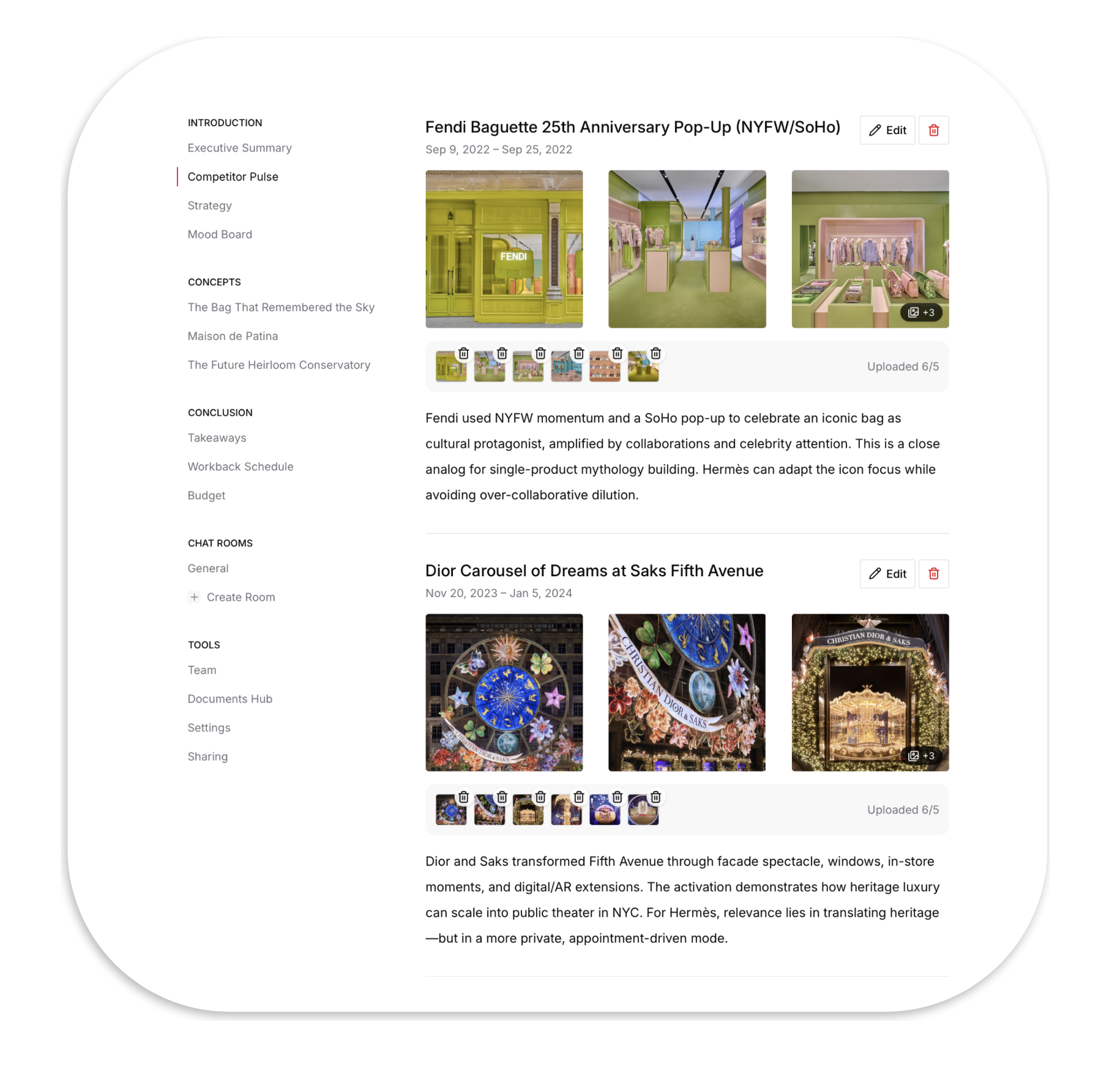 Screenshots of a digital presentation or document showing images of a green and pink retail store setup, with displays and clothing, related to a Fendi event celebrating its 25th anniversary pop-up in New York.