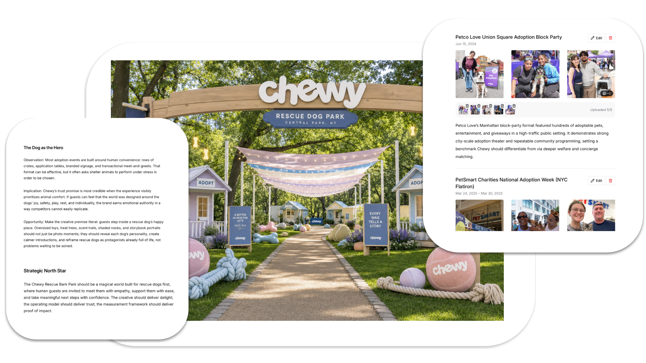 Digital screenshot of a webpage featuring a large outdoor event with inviting decorations, including a wooden archway with cheqy branding, string lights, small dog houses labeled 'ADOPT,' and colorful lawn ornaments, set in a lush green park with trees.