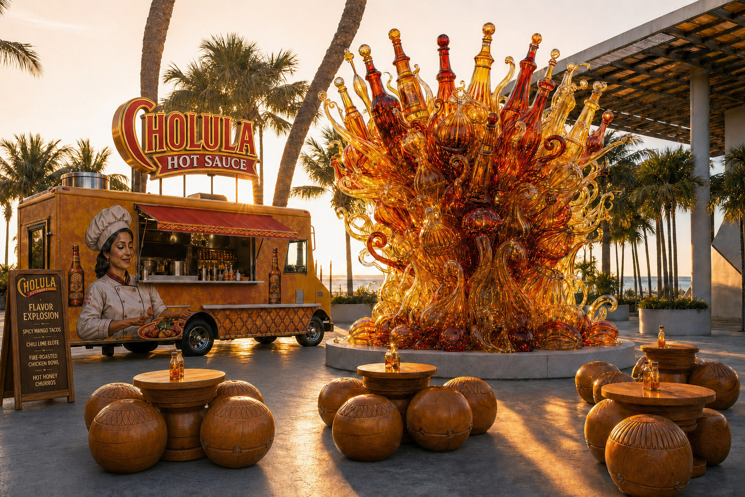 Decorative outdoor scene featuring a large, colorful glass sculpture of bottles and swirls, a bright orange food truck labeled 'Holula Hot Sauce' with a food server serving, and palm trees with a sunset sky in the background.