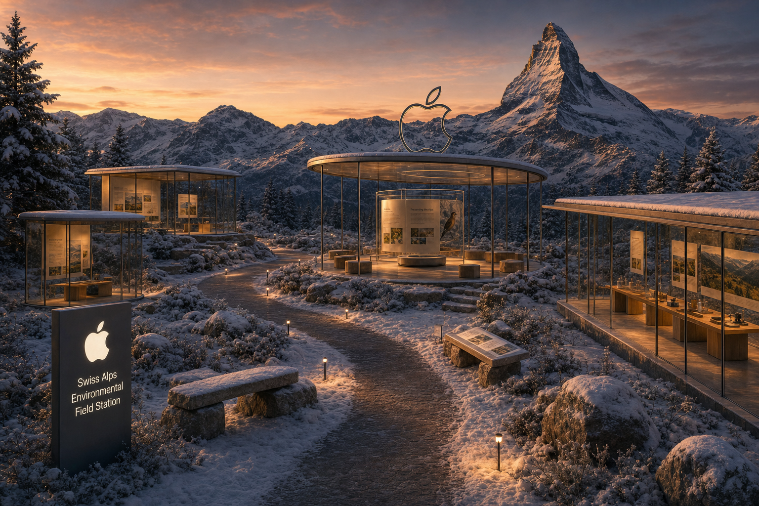 An outdoor scene at dusk with snow-covered ground and mountains in the background, featuring a modern Apple Environmental Field Station with glass enclosures, informational displays, and a large Apple logo on a mountain in the distance.