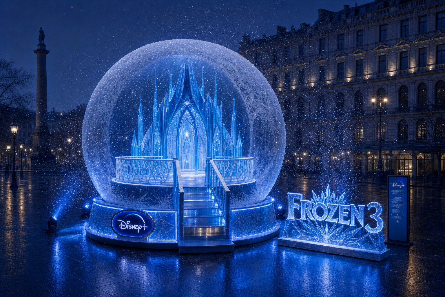 Outdoor illuminated Ice Palace display with Frozen 3 branding, featuring blue lights, a circular stage with stairs, and snow effects in a city square at night.