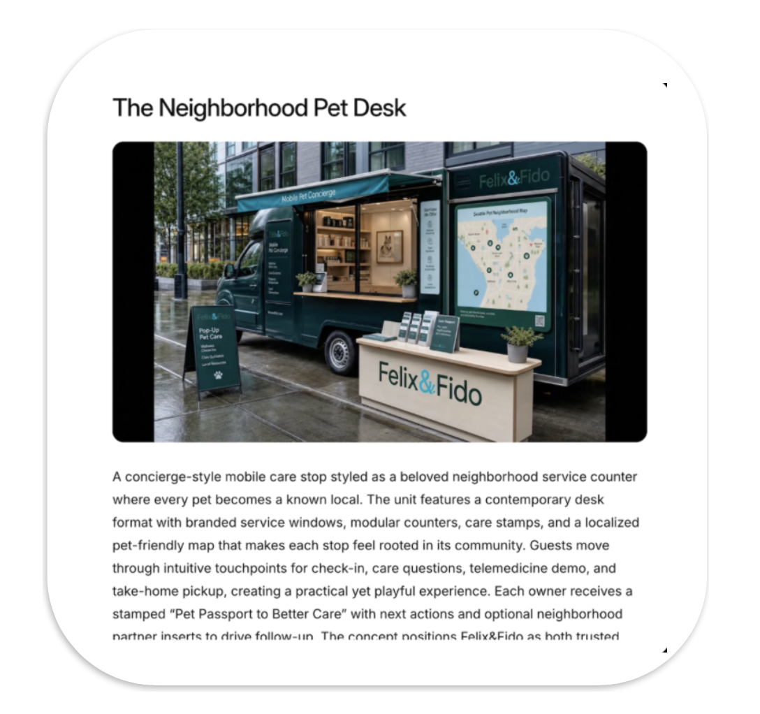 Mobile pet care station shaped like a van, branded with Felix & Fido, featuring a care window, a landscaped countertop, and a public pet-friendly map, set outdoors in an urban area.