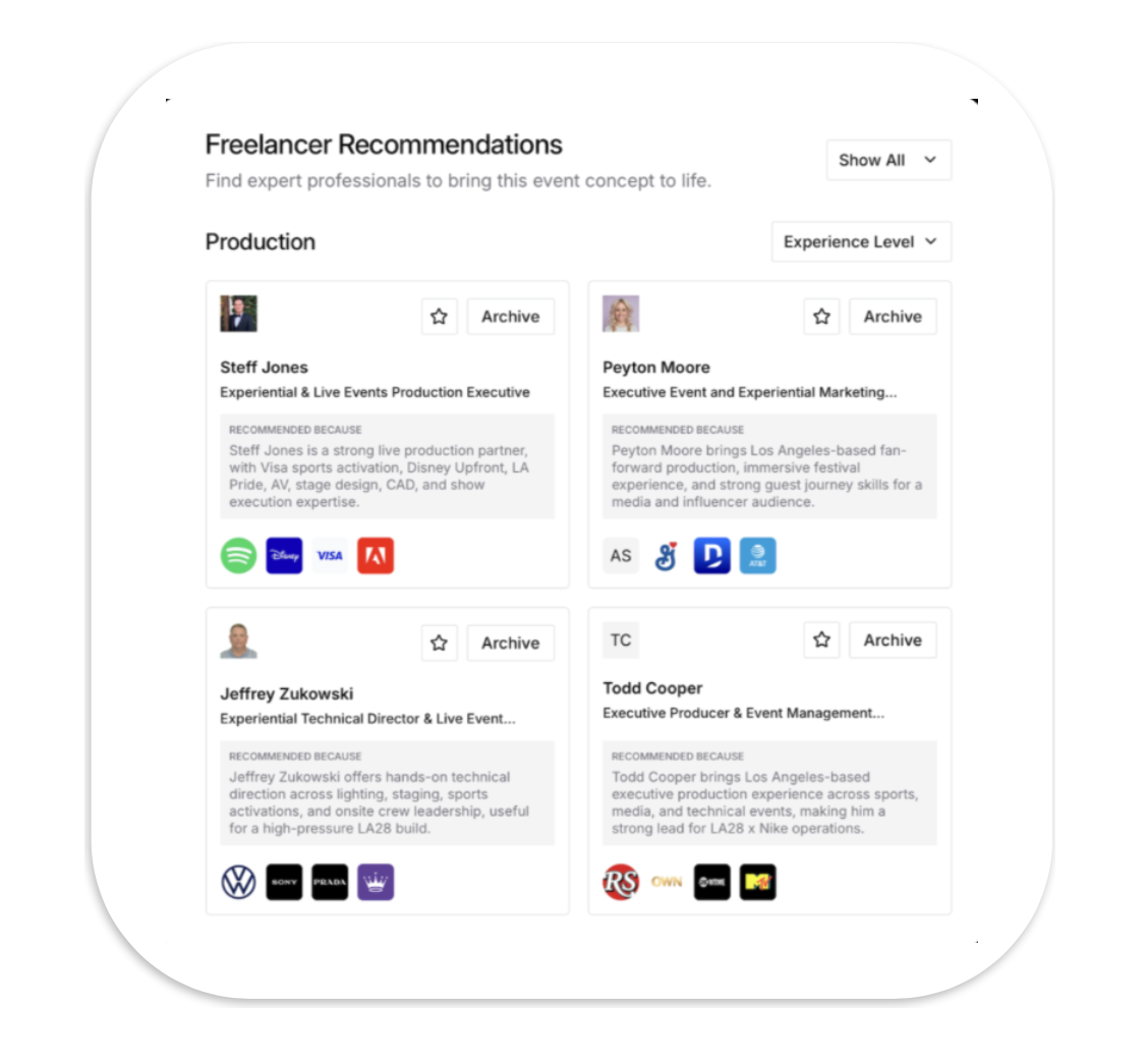Screenshot of a webpage titled 'Freelancer Recommendations' showing profiles of four experienced event professionals with their names, titles, recommendations, and icons of their preferred payment methods or skills.
