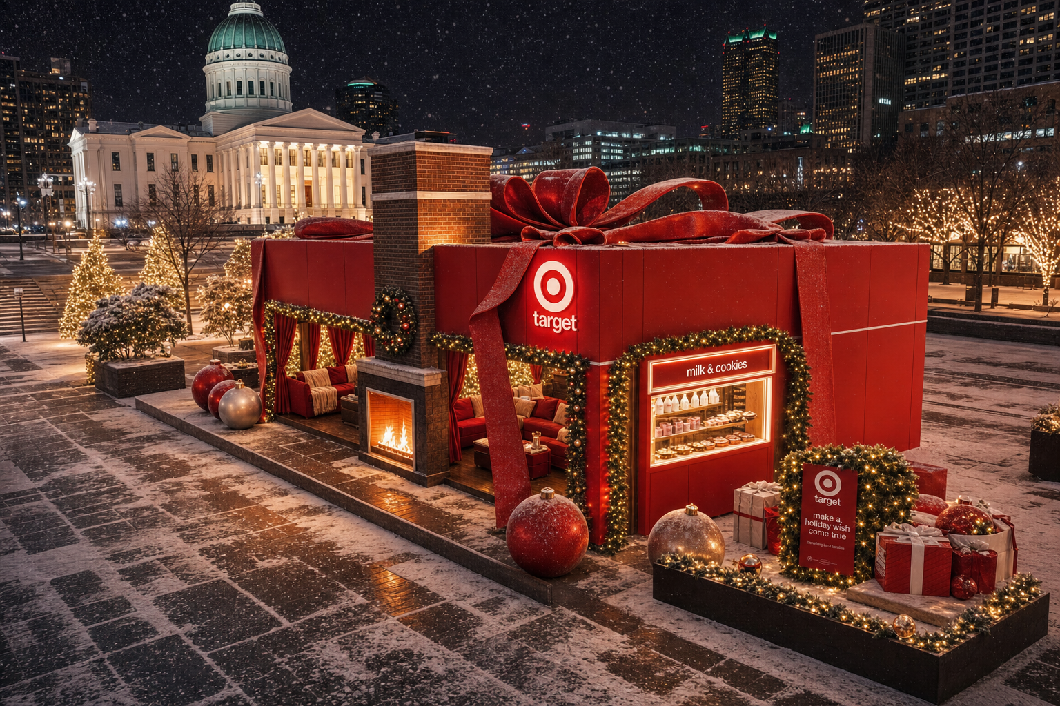 A large holiday-themed display resembling a giant red gift box with a bow, decorated with Christmas lights, Garland, and ornaments, featuring a Target sign, a firepit, and a sleep lounge area in an outdoor city square at night with snow on the ground