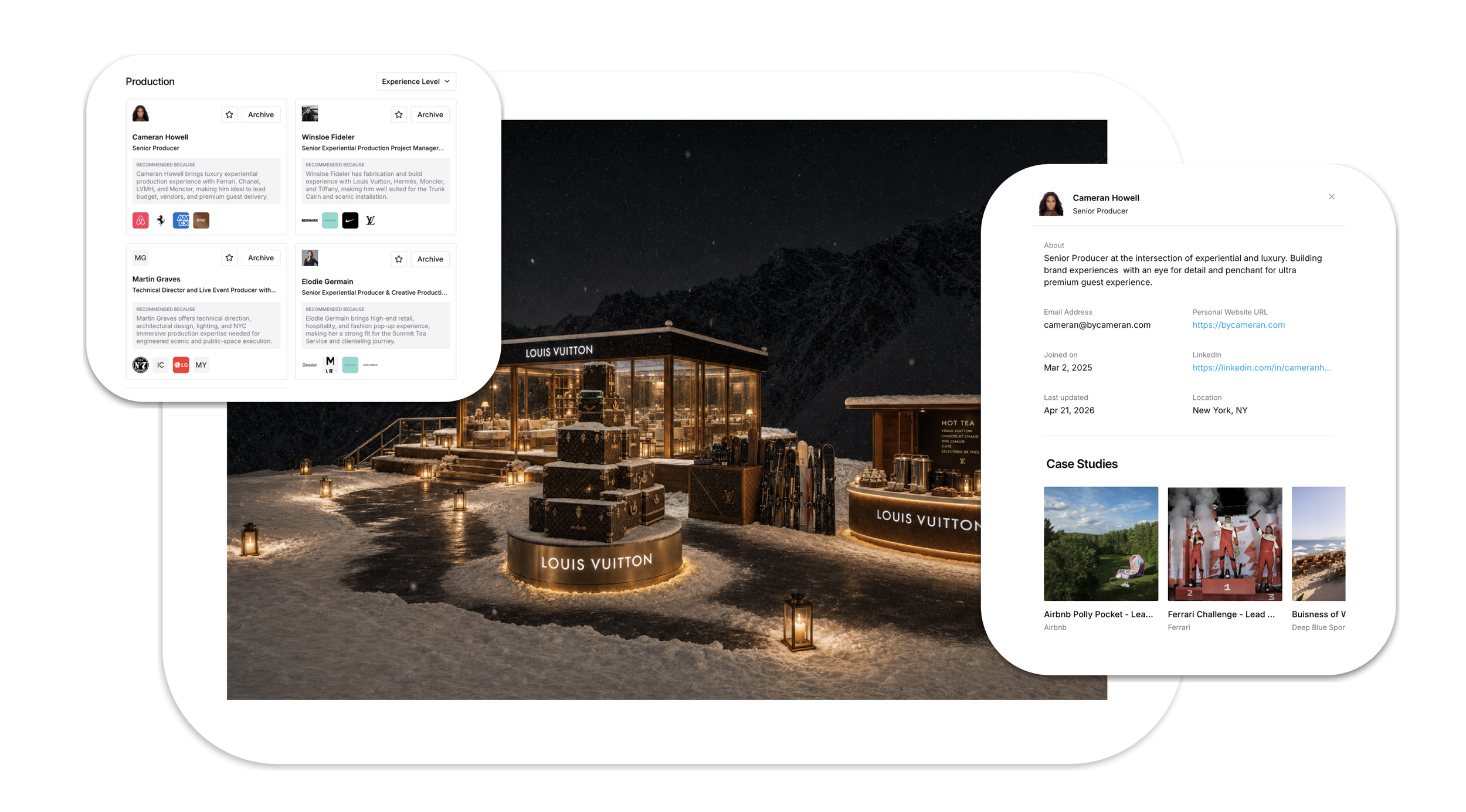 Nighttime outdoor scene with snow-covered ground and a Louis Vuitton-themed Christmas market stall, surrounded by lanterns, against a starry sky and mountains in the background.