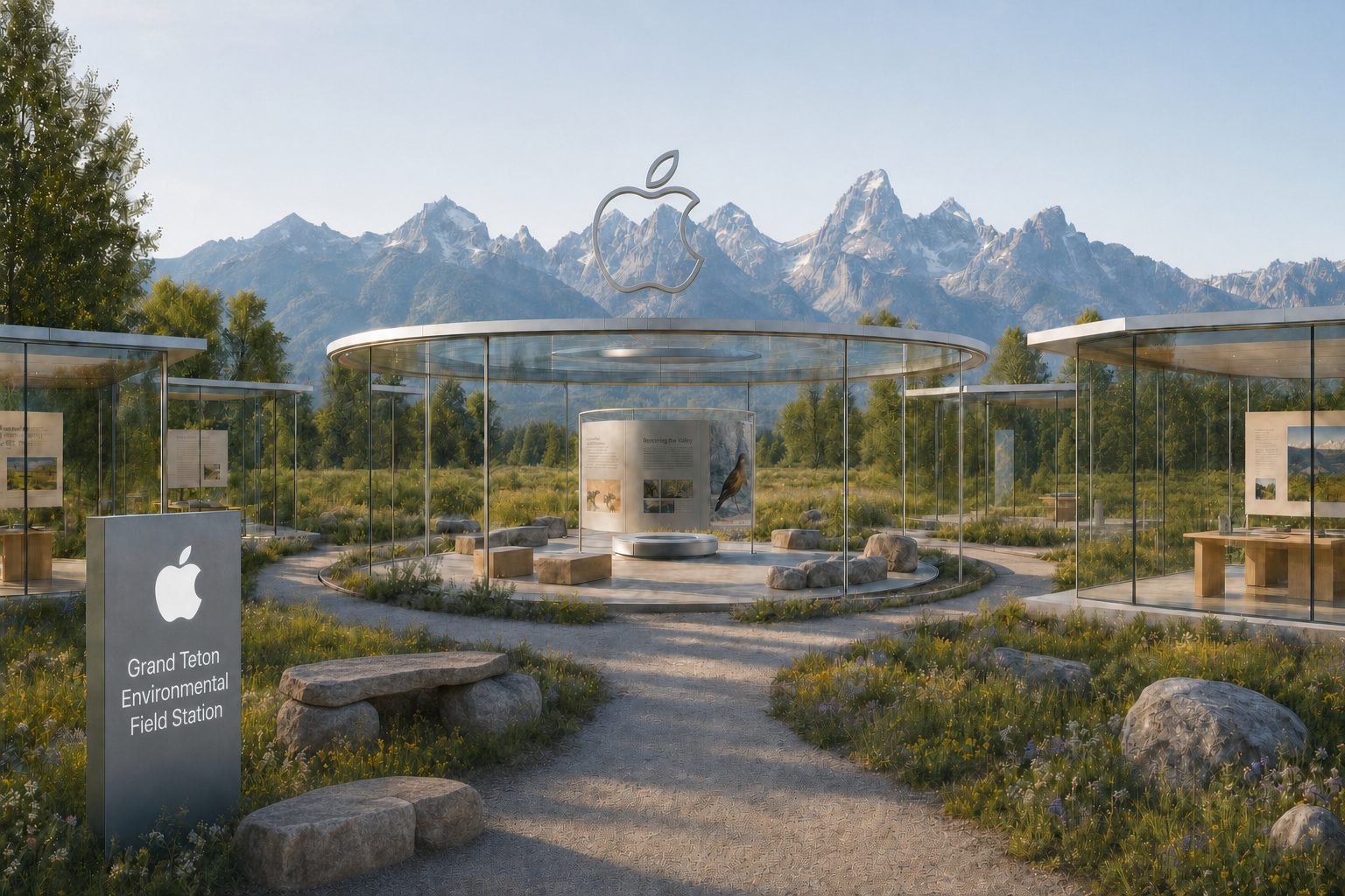 An outdoor exhibit at the Grand Teton Environmental Field Station featuring glass-enclosed structures with informational displays, surrounded by grassy terrain and rocks, with snow-capped mountains in the background under a clear sky.