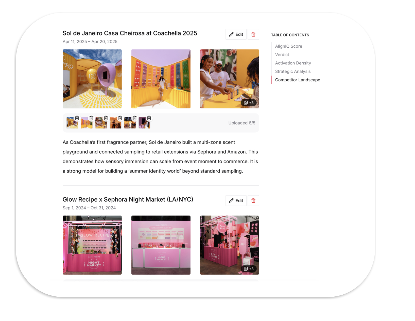 Screenshot of a digital presentation about Sol de Janeiro's 2025 Coachella project, featuring colorful images of an outdoor installation with large hanging objects and a group of people at a sampling booth.
