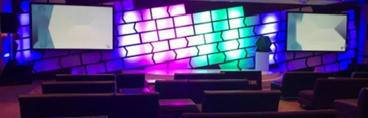 Ballroom show: custom LED tile wall scenic with side screens
