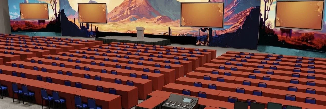 Concept rendering: themed scenic backdrop with flown screens for a classroom session