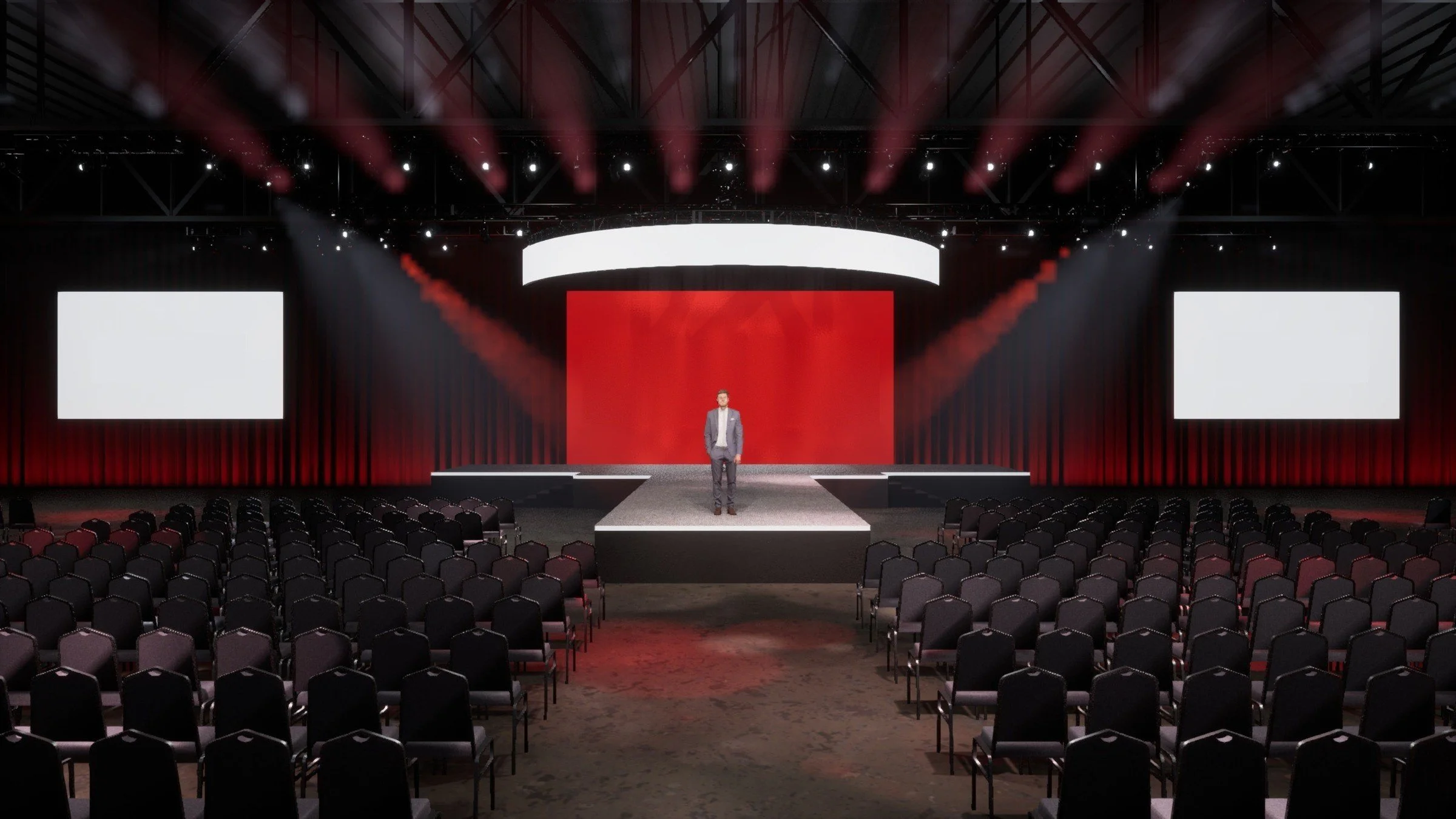 Concept rendering: thrust stage general session with header and side screens
