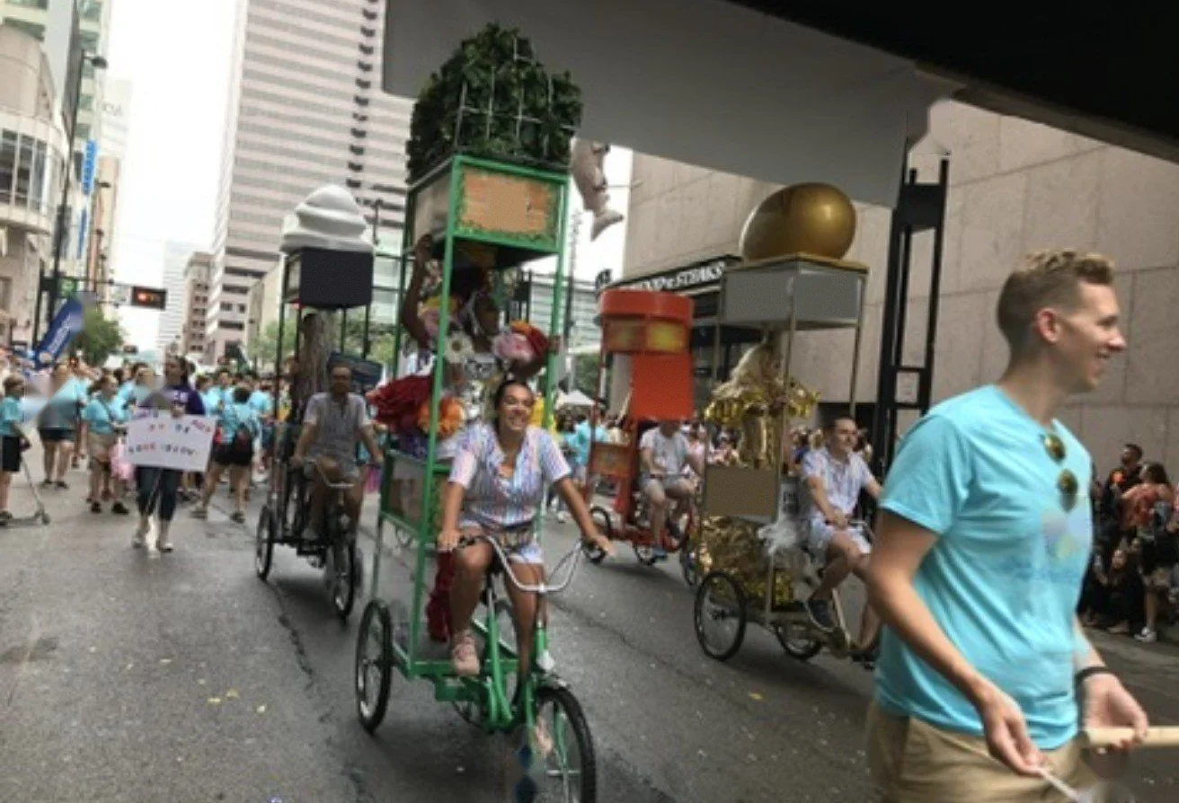 Brand activation: custom themed tricycle floats rolling through parades in New York City, Toronto and San Francisco