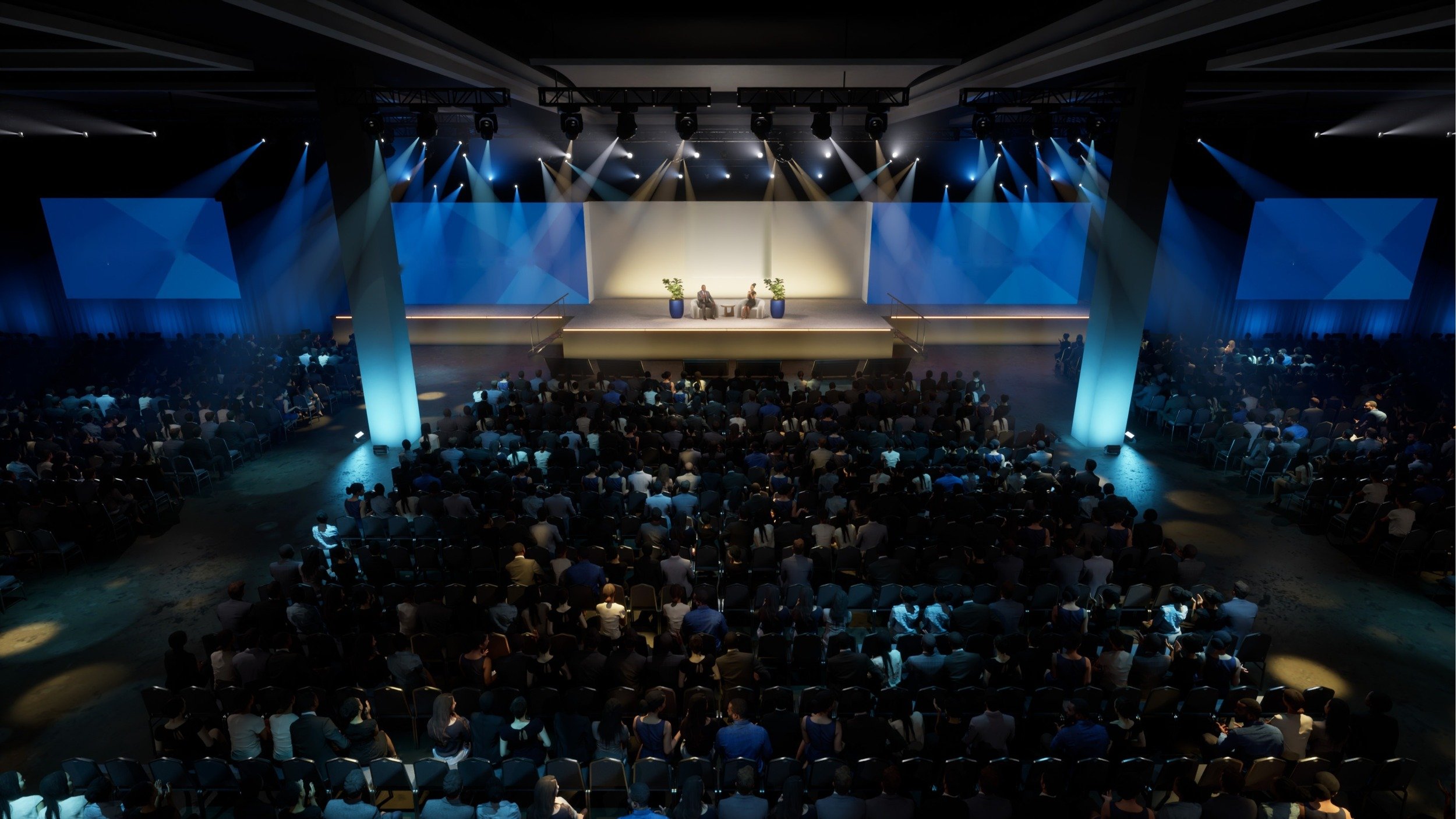 Concept rendering: arena general session with layered blue beams and a living room stage