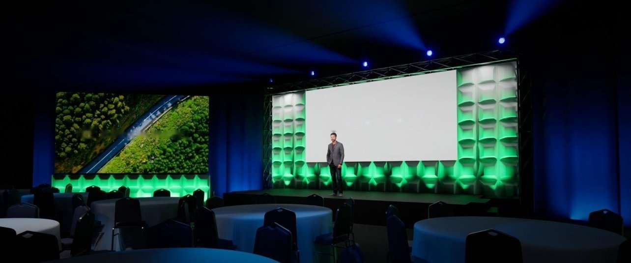 Concept rendering: dimensional uplit scenic wall with a main screen and side LED