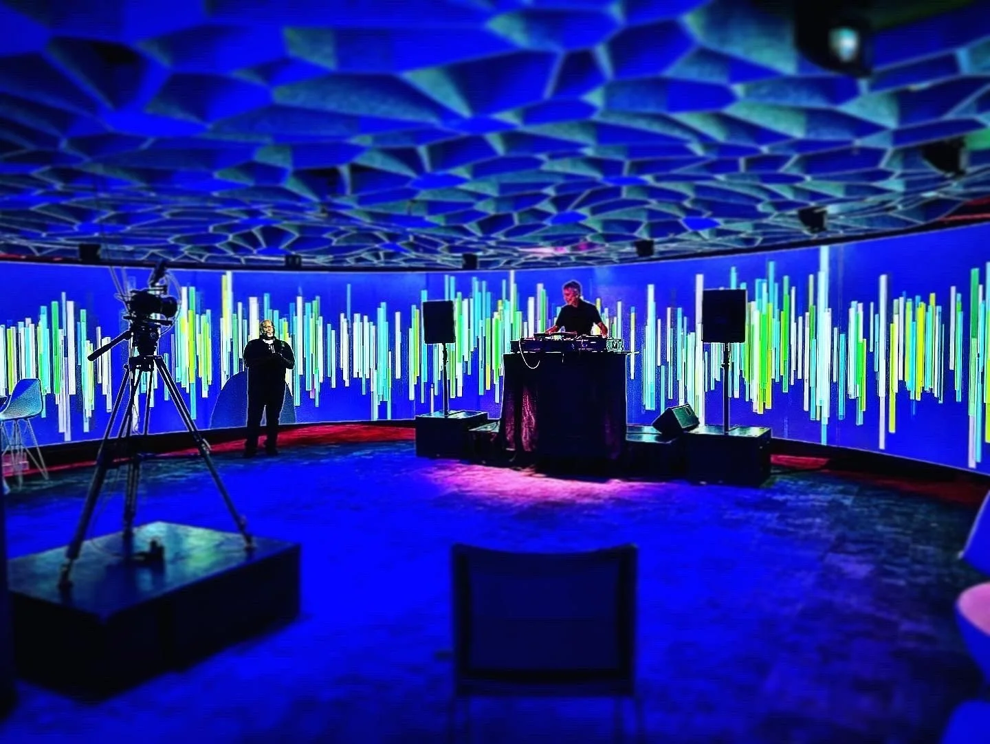 Immersive activation: 270 degree curved projection wall with a DJ set and mapped ceiling, Seattle